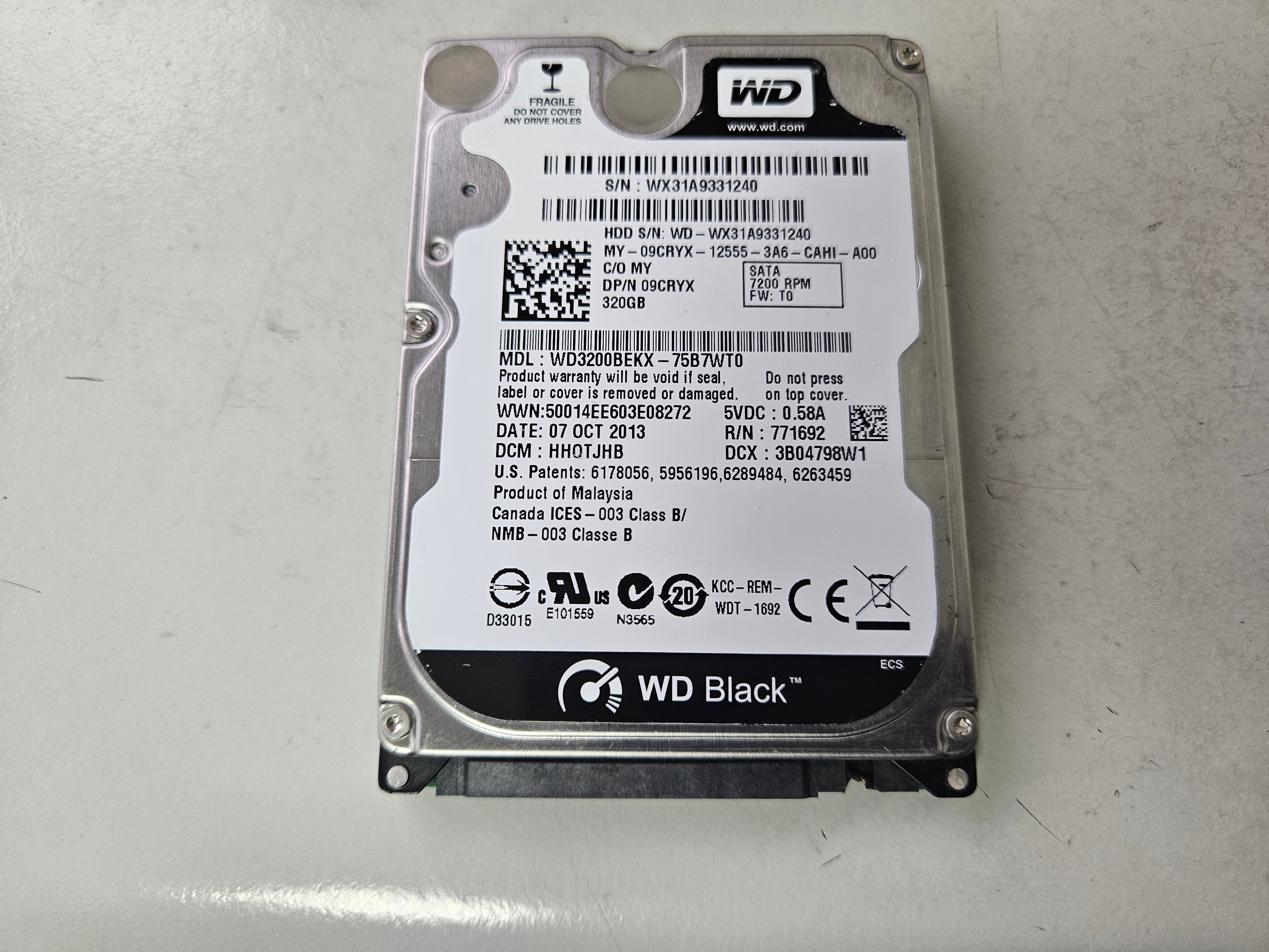 Western Digital Dell Black 320GB 7200RPM SATA 2.5in HDD ( WD3200BEKX-75B7WT0 09CRYX ) REF