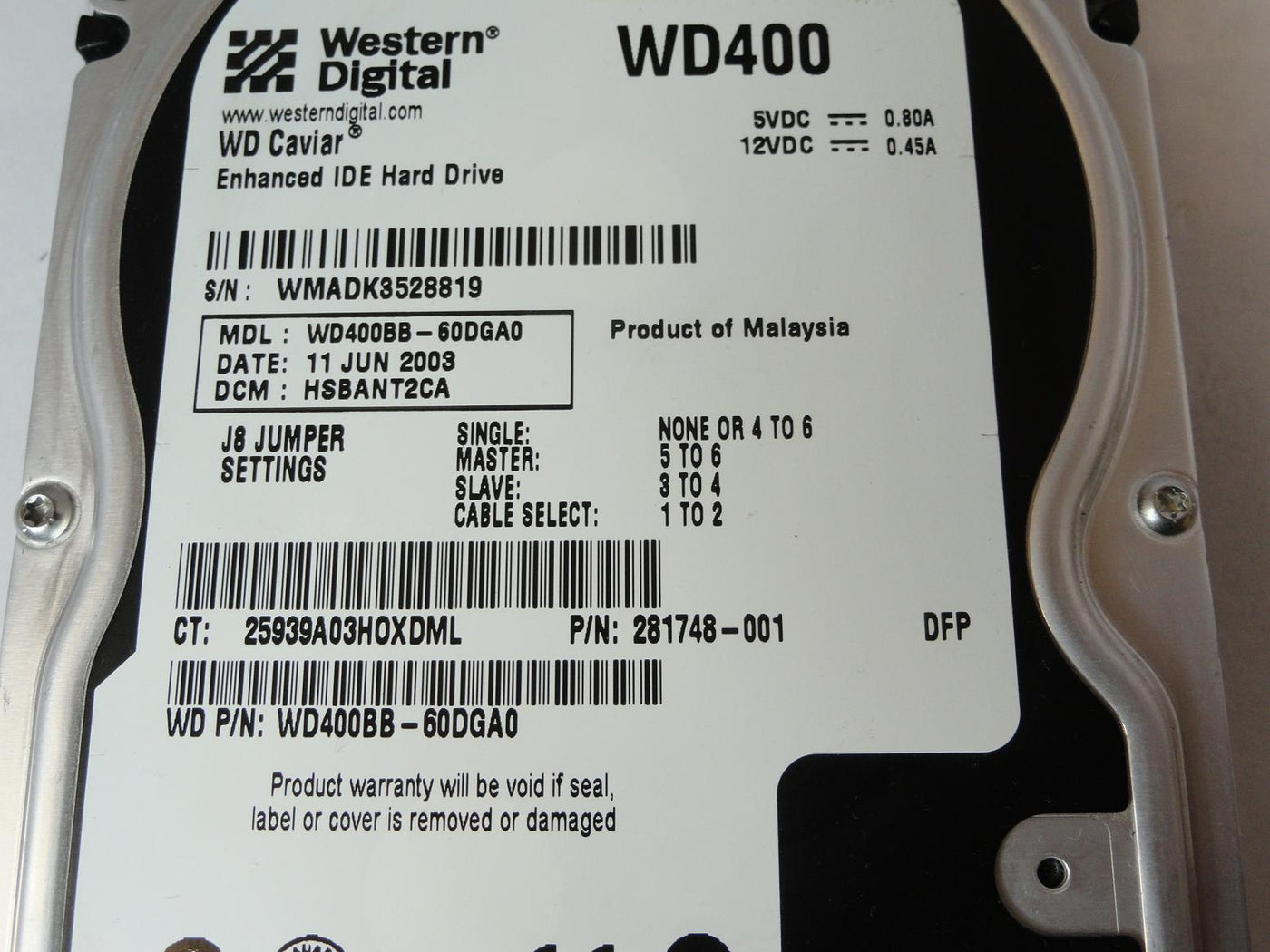 Western Digital Compaq 40Gb IDE 7200rpm 3.5in HDD ( WD400BB-60DGA0 281748-001 ) REF