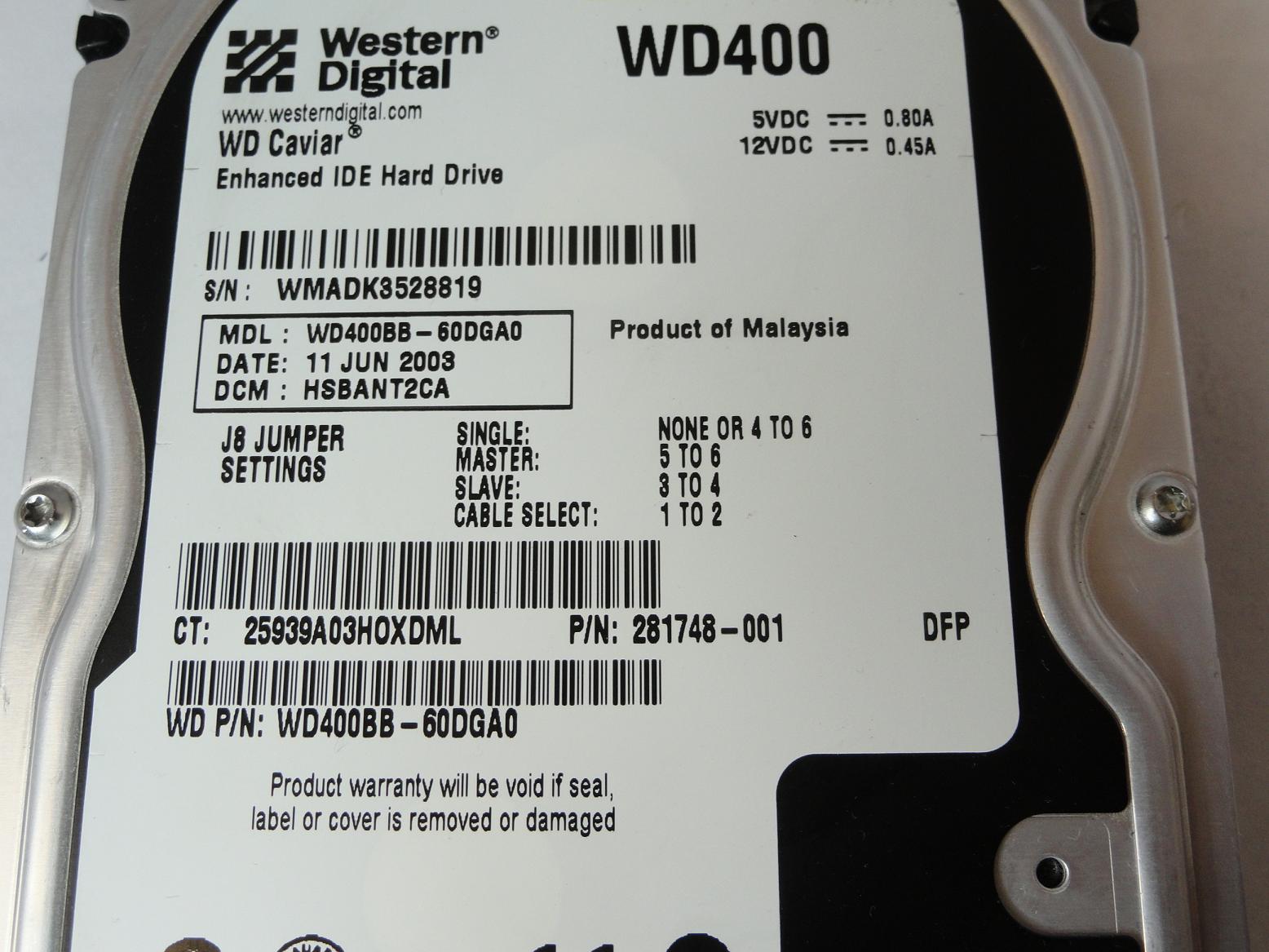 Western Digital Compaq 40Gb IDE 7200rpm 3.5in HDD ( WD400BB-60DGA0 281748-001 ) REF