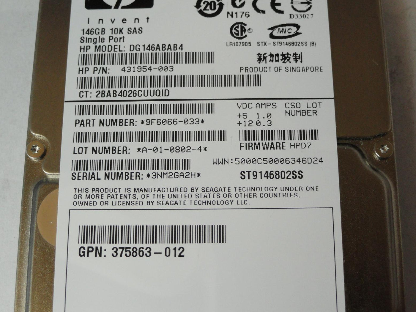 Seagate HP 146GB SAS 10Krpm 2.5in HDD ( 9F6066-033 ST9146802SS 431954-003 DG146ABAB4 375863-012 ) REF
