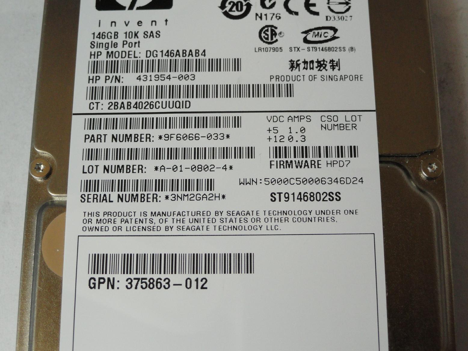 Seagate HP 146GB SAS 10Krpm 2.5in HDD ( 9F6066-033 ST9146802SS 431954-003 DG146ABAB4 375863-012 ) REF