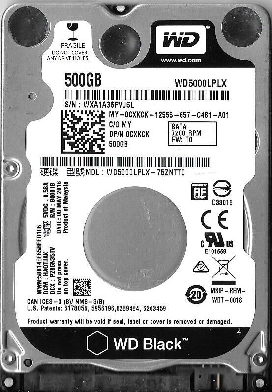 Western Digital Dell 500GB 7200RPM SATA 2.5in HDD ( WD5000LPLX-75ZNTT0 0CXKCK ) REF