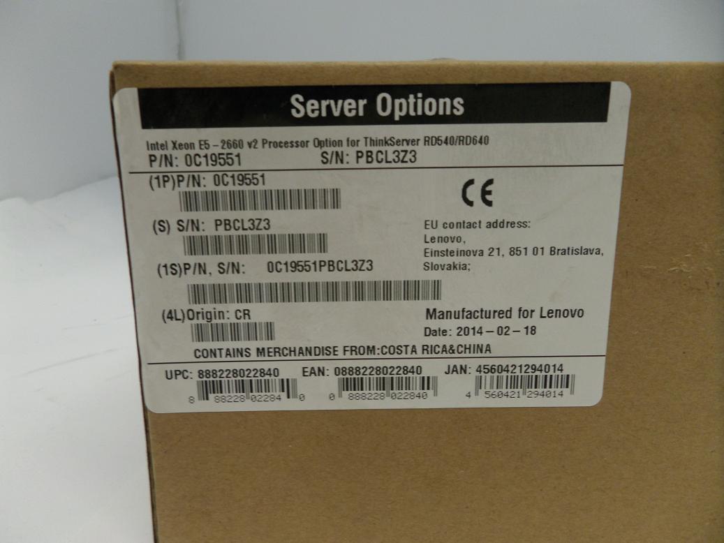 0C19551 - E5 2660 v2 Processor Upgrade Kit Intel Xeon E5-2660 v2 Processor Option for ThinkServer RD540/RD640 P/N 0C19551 - NEW
