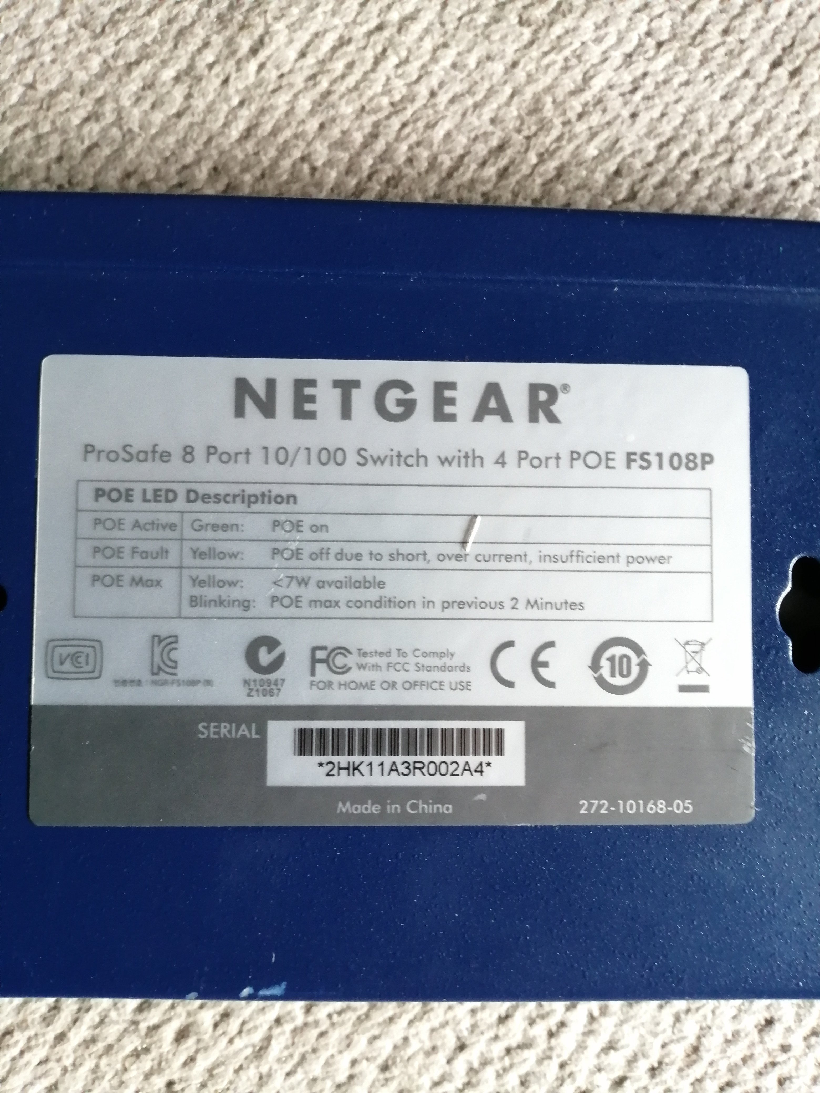 NETGEAR ETHERNET SWITCH 8PORT 10/100MBPS WITH POE NO PSU  ( FS108P  USED)
