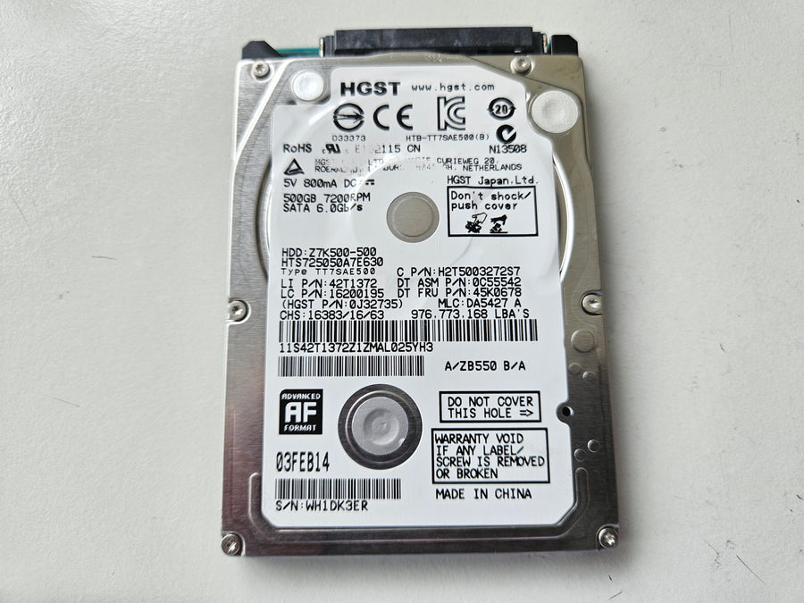 HGST Lenovo 500GB SATA 7200rpm 2.5in HDD ( 0J32735 HTS725050A7E630 H2T5003272S7 42T1372 45K0678 16200195 0C54494 ) USED