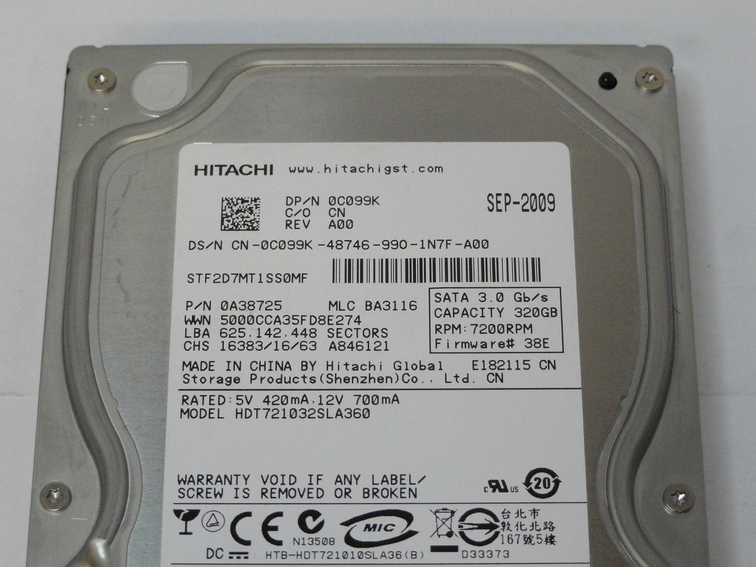 Hitachi Dell 320GB SATA 7200rpm 3.5in HDD ( 0A38725 HDT721032SLA360 C099K 0C099K ) REF