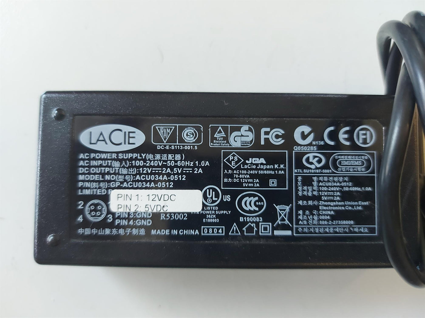 LACIE 12V/5V 2A mains 4-Pin Dual Voltage UK AC Power Supply adapter (GP-ACU034A-0512)