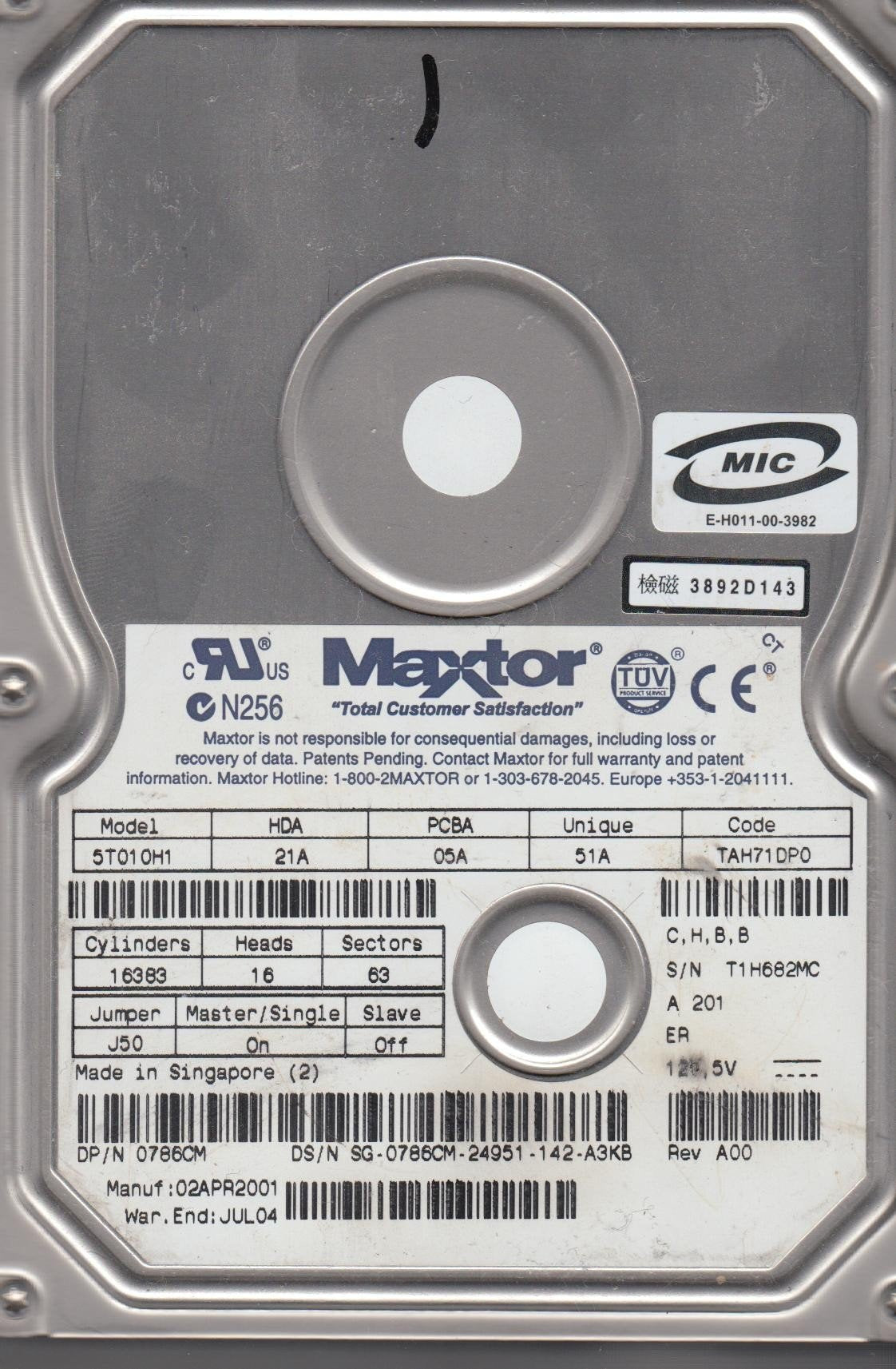 Maxtor Dell 10GB IDE 7200rpm 3.5in HDD ( 5T010H1 0786CM ) USED