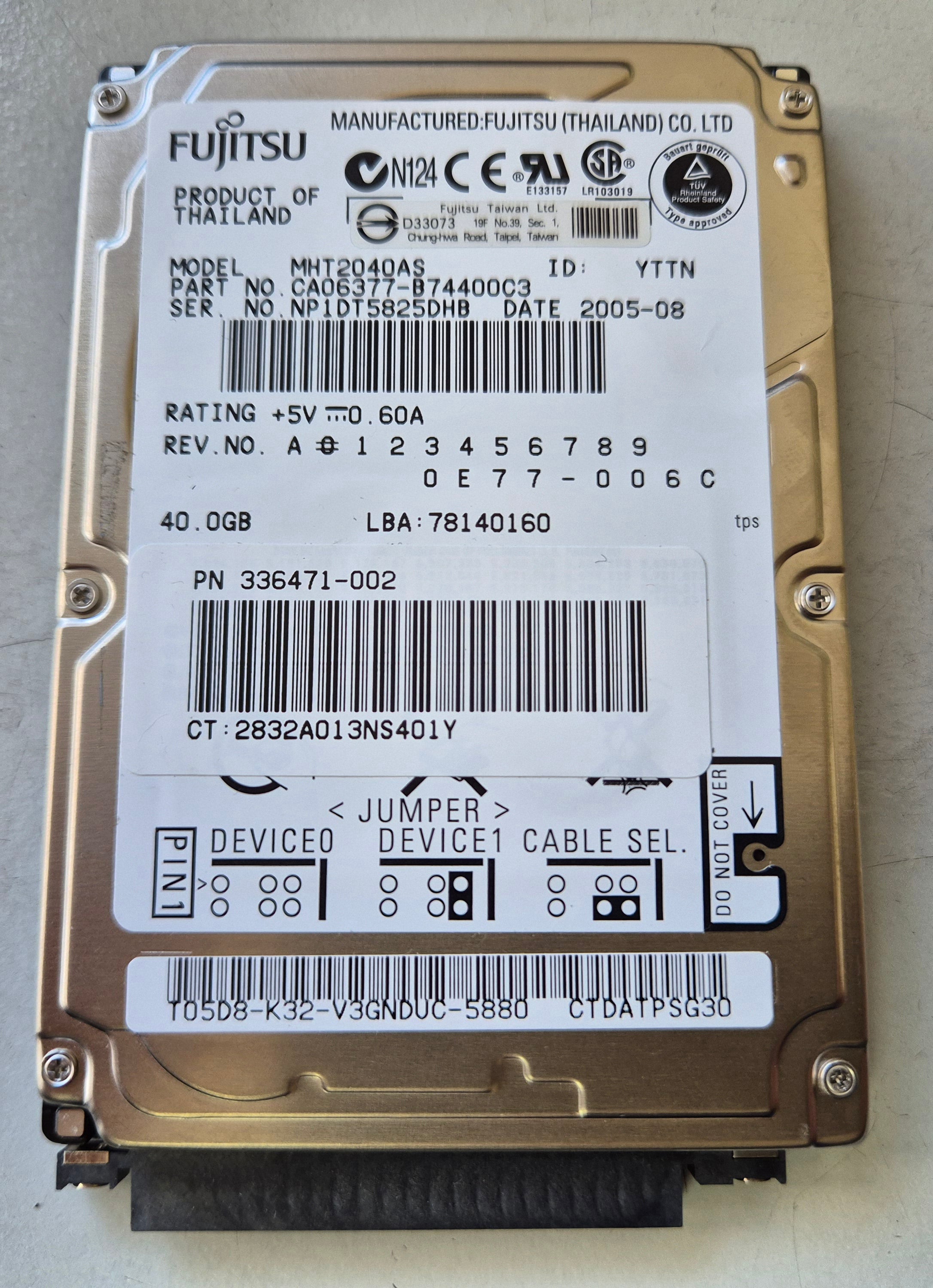 Fujitsu HP 40GB 5400RPM ATA-100 2.5in HDD W/ TRAY ( CA06377-B74400C3 MHT2040AS 336471-002 ) REF