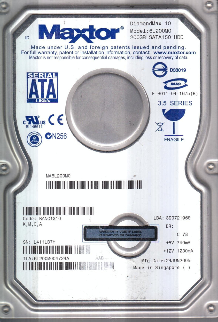 Maxtor 200GB SATA 7200rpm 3.5in HDD ( 6L200M0 ) REF
