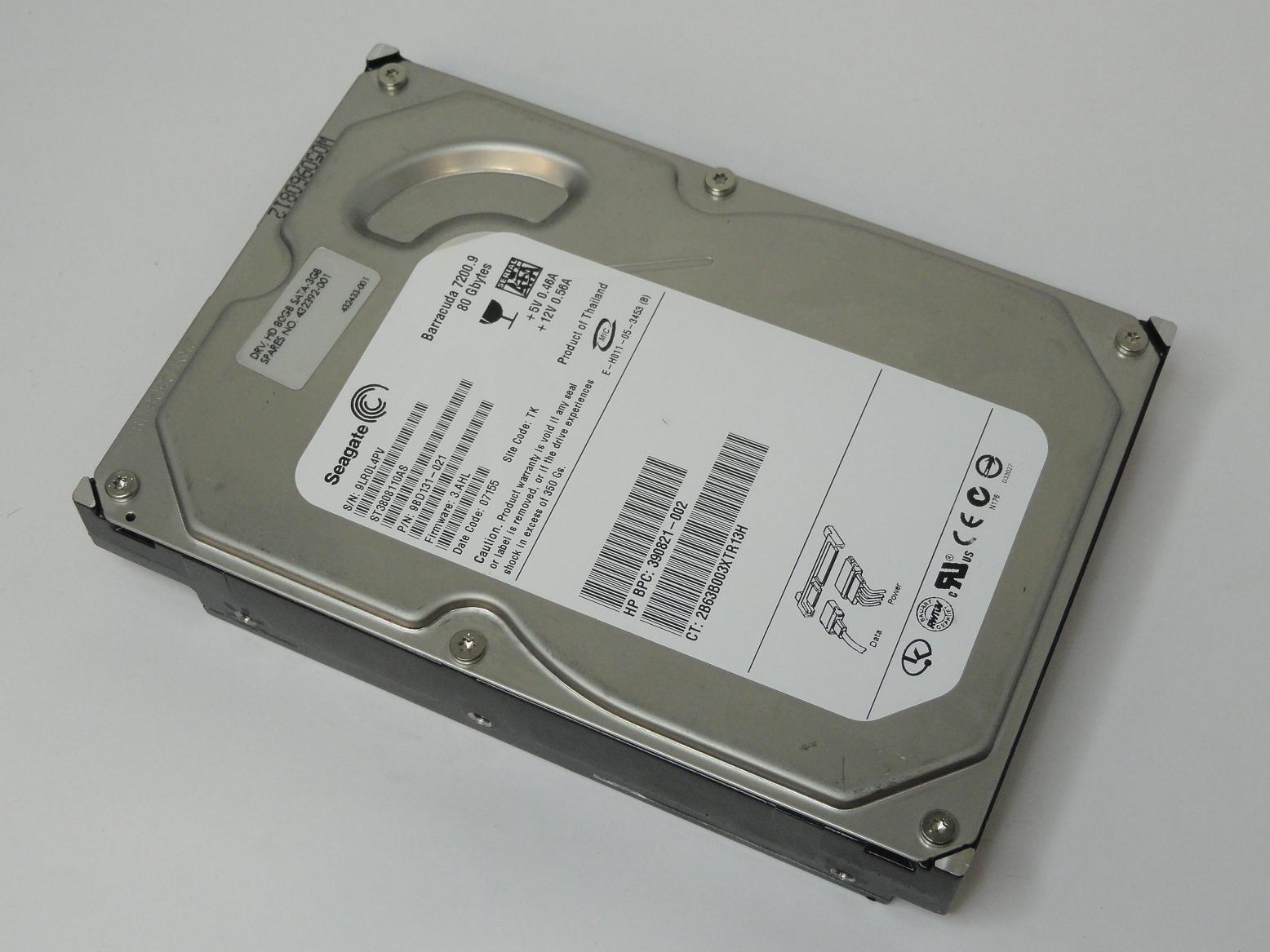 Seagate HP 80GB SATA 7200rpm 3.5in HDD ( ST3808110AS 9BD131-021 390821-002 432392-001 ) REF
