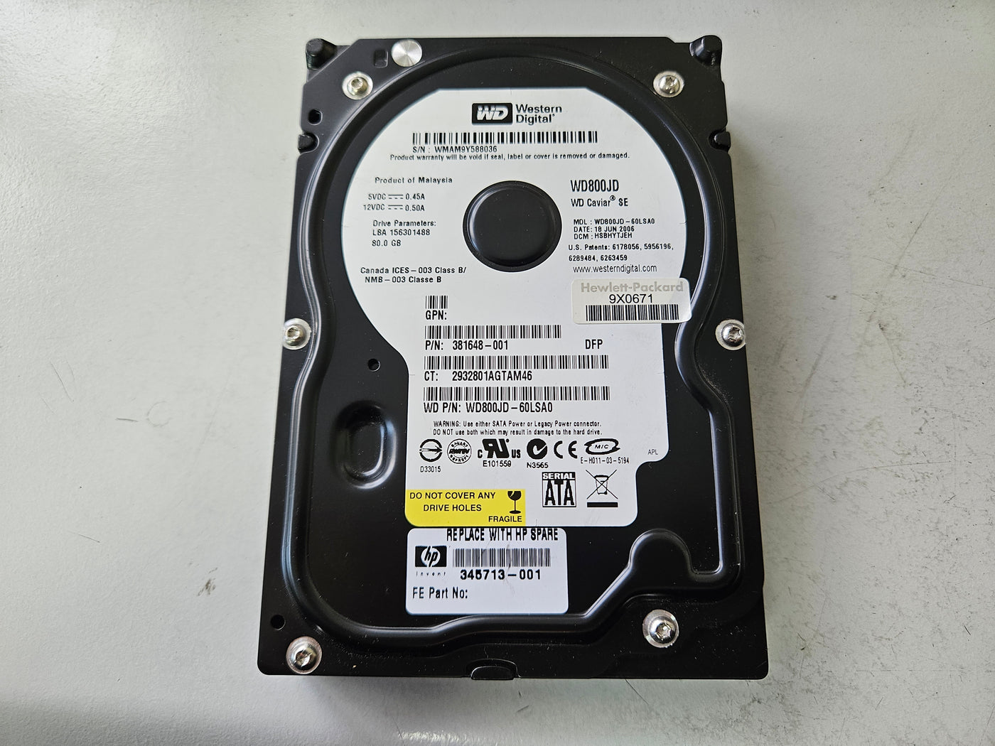 Western Digital HP 80GB 7200RPM SATA 3.5in HDD ( WD800JD-60LSA0 381648-001 345713-001 ) REF