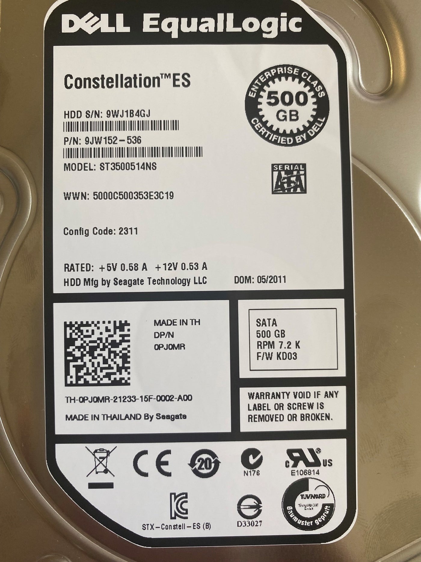 Dell Seagate 500GB 7200rpm SATA 3.5in HDD in Caddy ( 9JW152-536 ST3500514NS 06DMV7 0950479-03 0PJ0MR ) REF