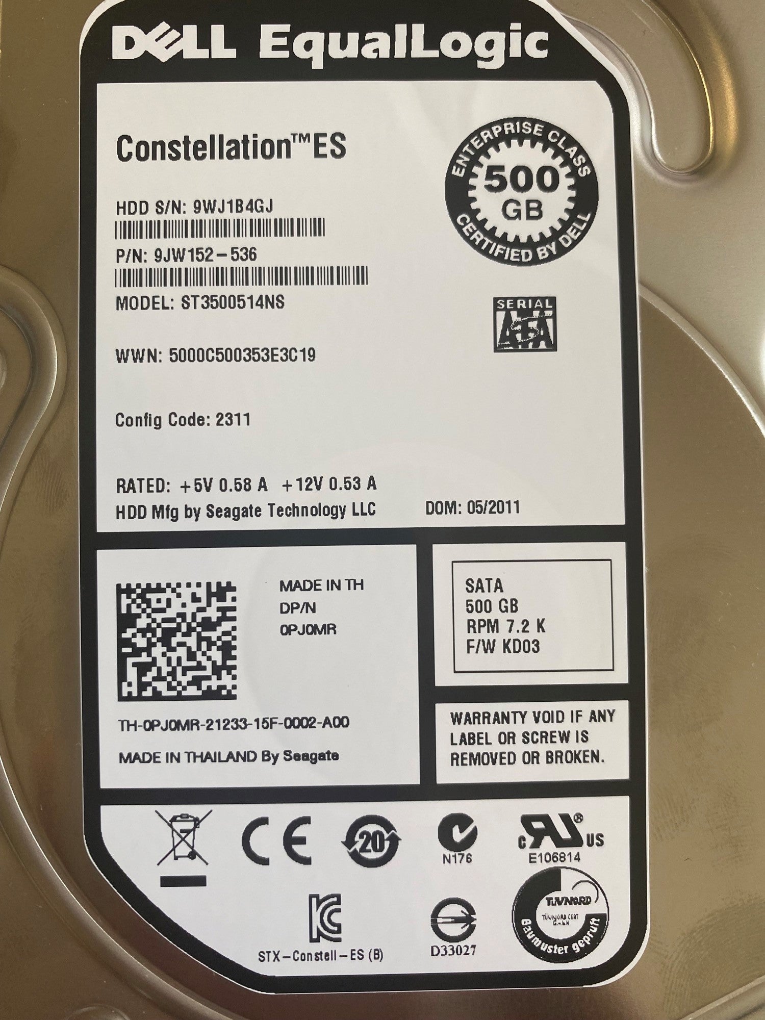 Dell Seagate 500GB 7200rpm SATA 3.5in HDD in Caddy ( 9JW152-536 ST3500514NS 06DMV7 0950479-03 0PJ0MR ) REF