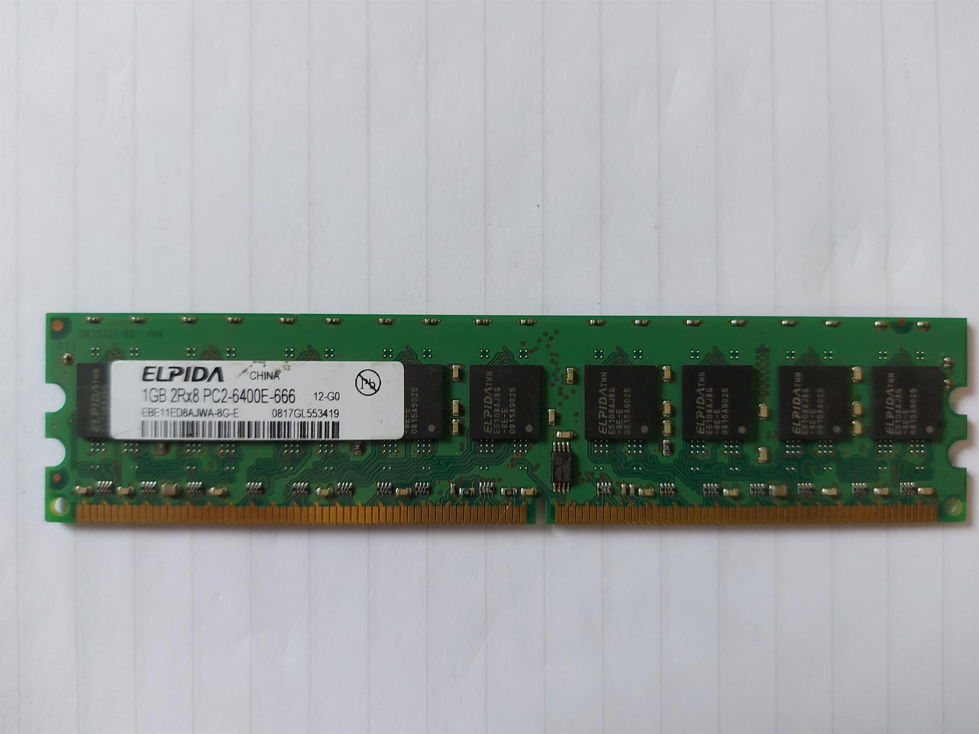 Elpida/HP 1GB PC2-6400 DDR2-800MHz ECC Unbuffered CL6 240-Pin DIMM (EBE11ED8AJWA-8G-E 444908-051)