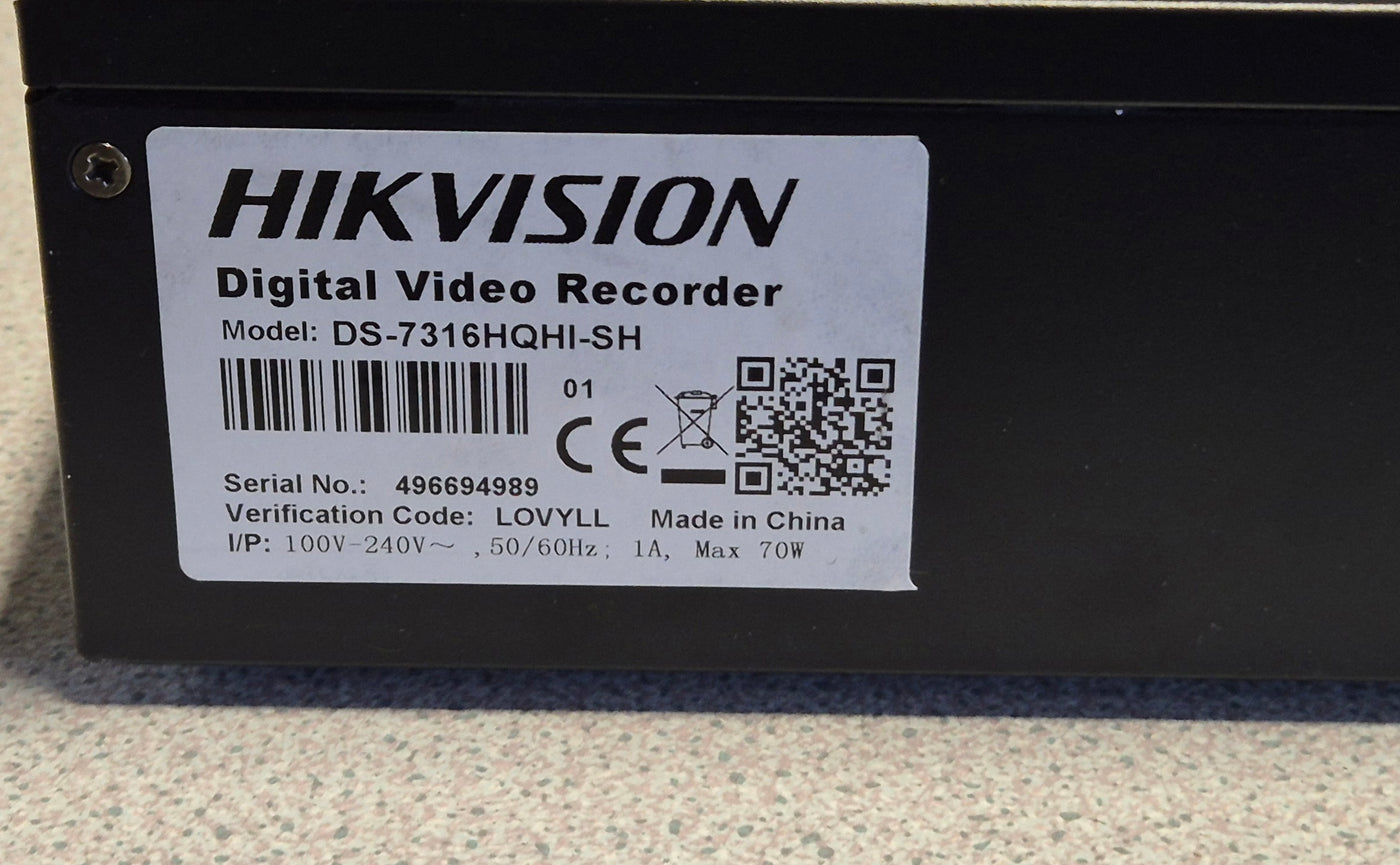 HIKVision 16 Channel Turbo HD DVR - 4TB HDD - admin password reset to 12345 ( DS-7316HQHI-SH ) USED