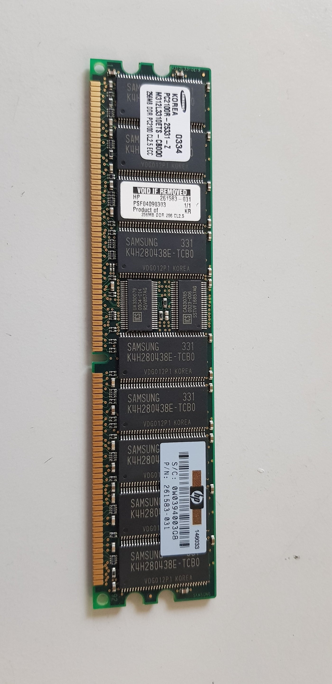 Samsung/HP 256MB 184p PC2100 CL2.5 18c 32x4 Registered ECC DDR DIMM (M312L3310ETS-CB0Q0  261583-031)