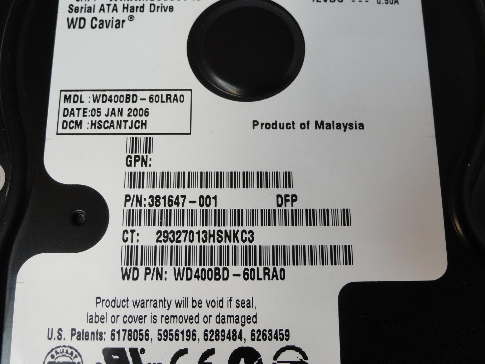 Western Digital HP 40GB SATA 7200rpm 3.5in HDD ( WD400BD-60LRA0 365555-001 381647-001 ) REF