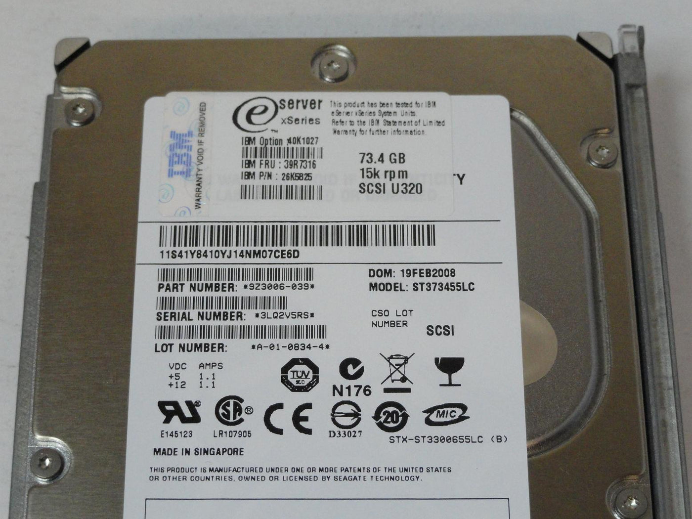 Seagate IBM 73.4GB SCSI 80 Pin 15Krpm 3.5in HDD in Caddy ( ST373455LC 9Z3006-039 26K5825 39R7316 40K1027 ) USED