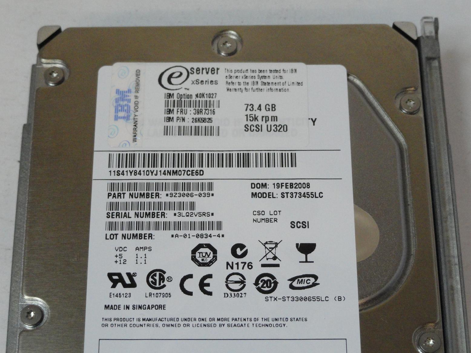 Seagate IBM 73.4GB SCSI 80 Pin 15Krpm 3.5in HDD in Caddy ( ST373455LC 9Z3006-039 26K5825 39R7316 40K1027 ) USED