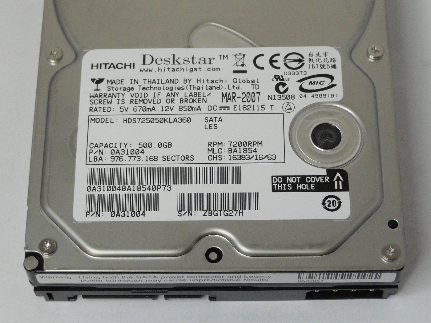 Hitachi 500GB SATA 7200rpm 3.5in HDD ( HDS725050KLA360 0A31004 ) USED