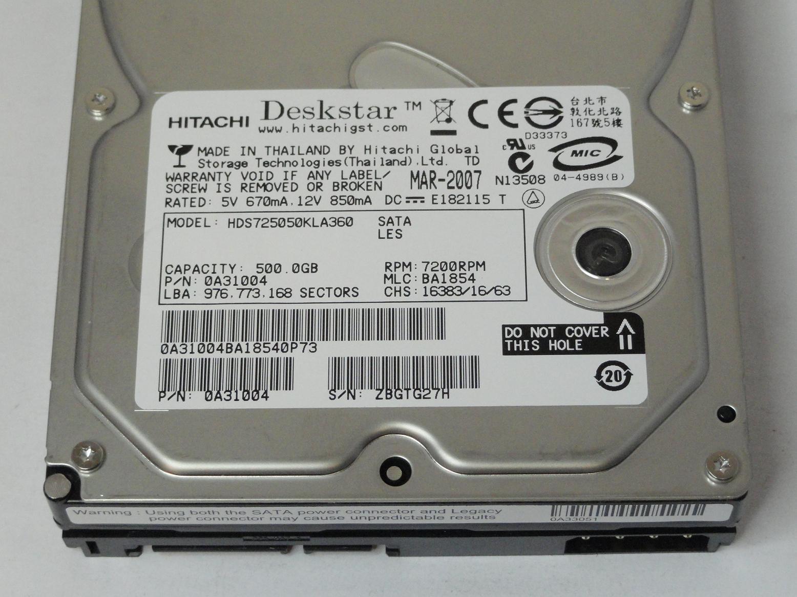 Hitachi 500GB SATA 7200rpm 3.5in HDD ( HDS725050KLA360 0A31004 ) USED