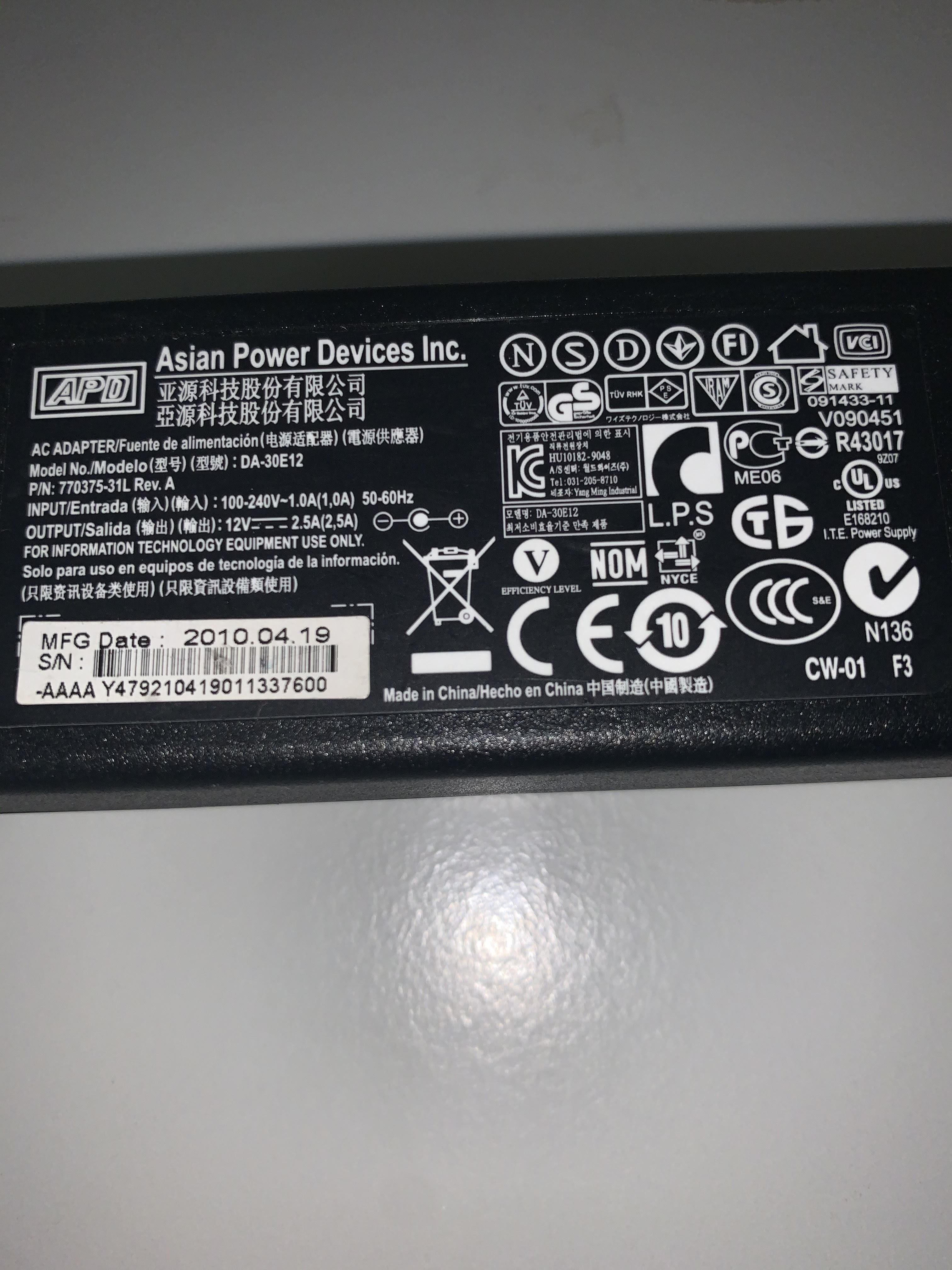 ASIAN POWER DEVICES ADAPTER 12V 2.5A REV A (770375-31L DA-30E12 USED)