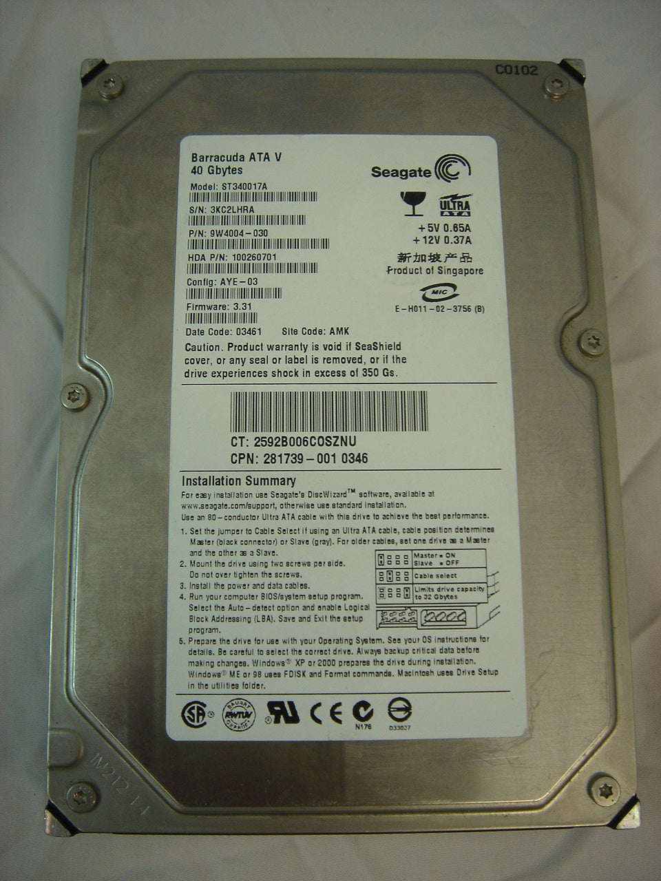 Seagate Compaq 10GB 7200RPM 3.5" IDE HDD ( 9W4004-030 ST340017A 281739-001 ) REF