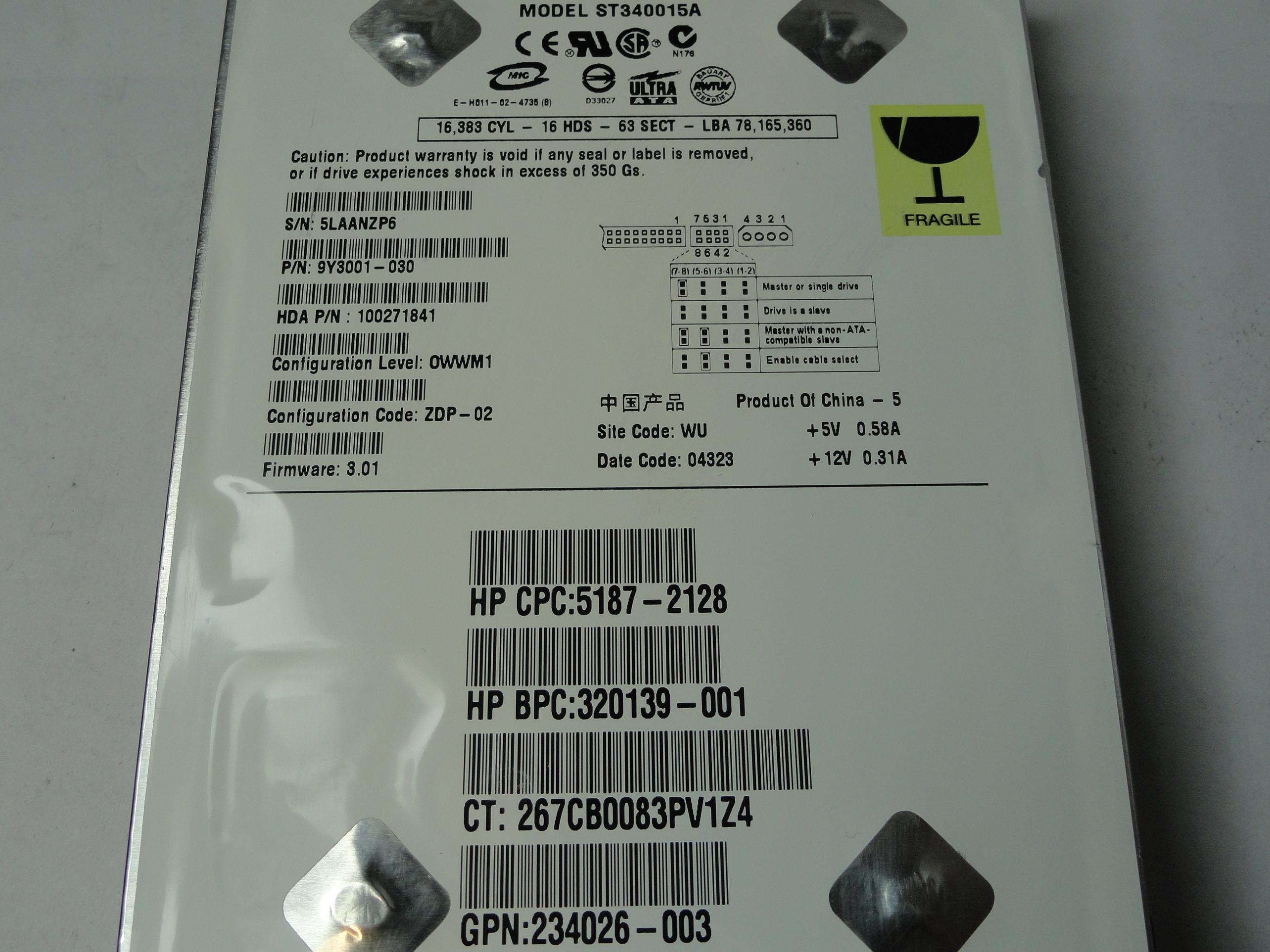9CY3001-030 - Seagate HP 40Gb IDE 4200rpm 3.5in Low Profile HDD - Refurbished