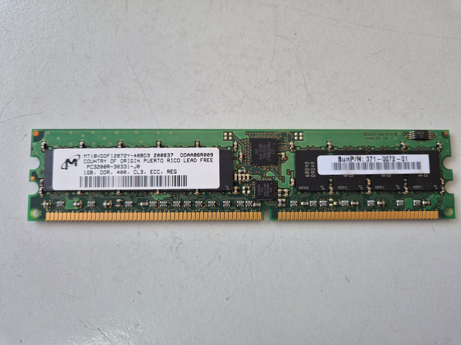 Micron Sun 1GB DDR-400MHz PC3200 ECC Registered CL3 184-Pin DIMM ( MT18VDDF12872Y-40BD3 371-0072-01 ) REF