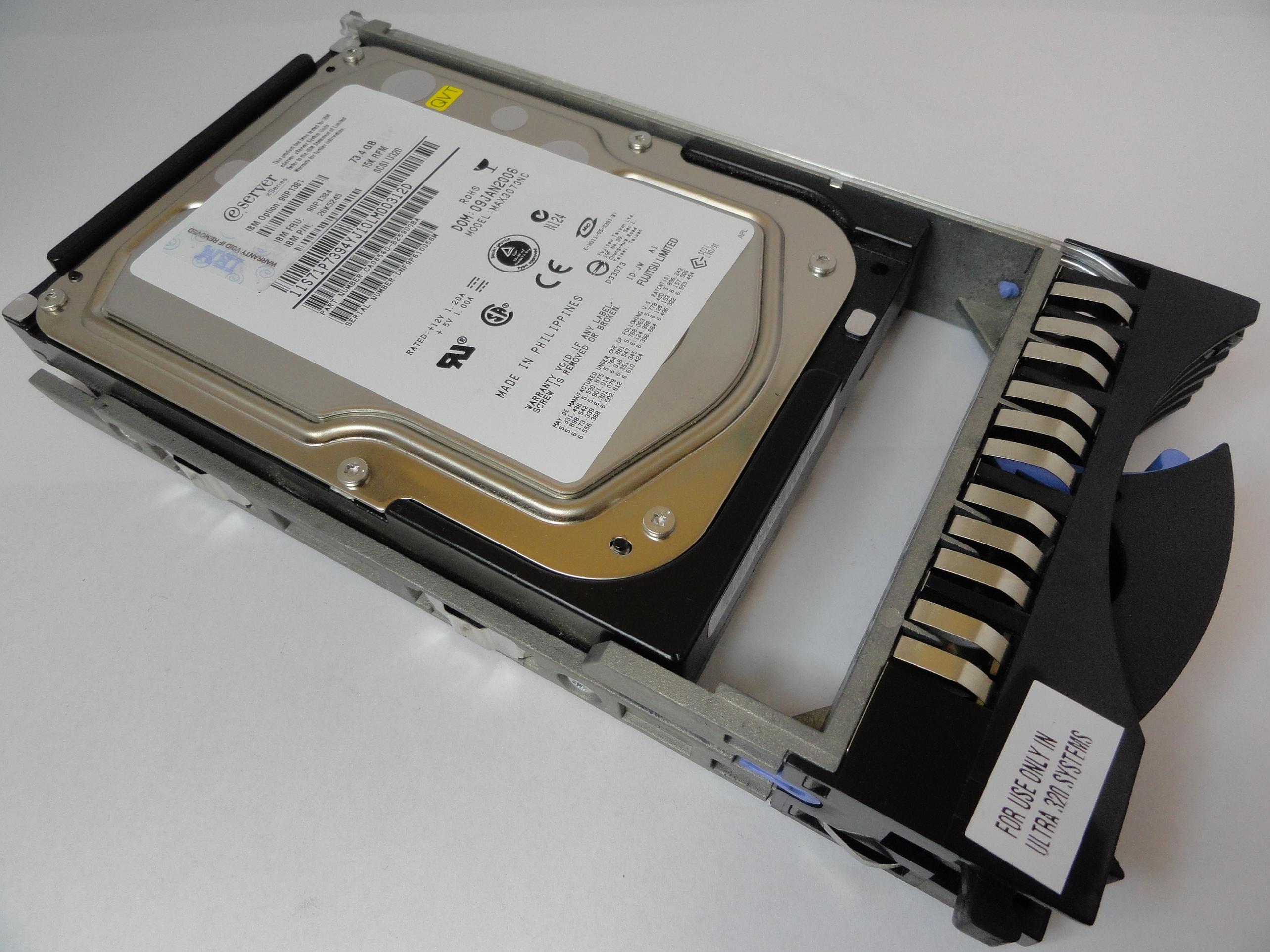 Fujitsu IBM 73.4GB SCSI 80 Pin 15Krpm 3.5in HDD in caddy ( CA06560-B25900BA MAX3073NC 26K5245 90P1384 90P1381 ) USED