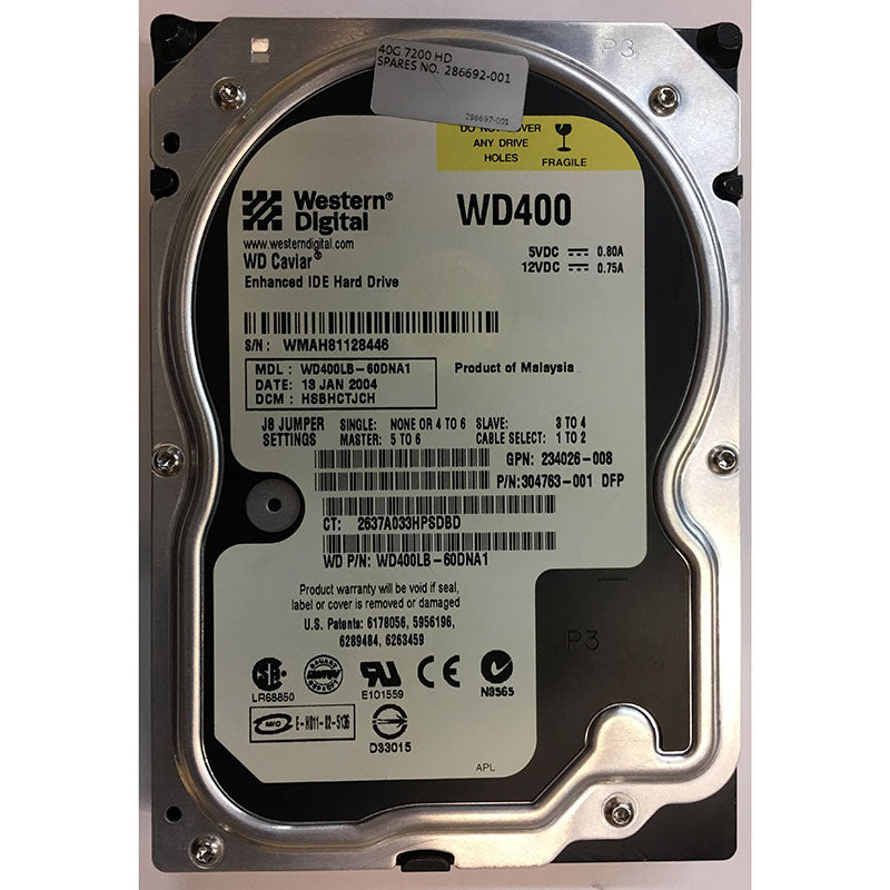 Western Digital HP 40GB IDE 7200rpm 3.5in HDD ( WD400LB-60DNA1 234026-008 304763-001 286692-001 ) REF