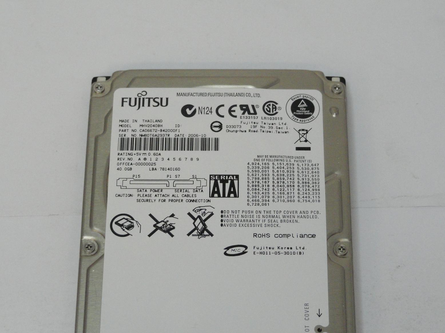 Fujitsu 40GB SATA 5400rpm 2.5in HDD ( CA06672-B42000F1 MHV2040BH ) USED