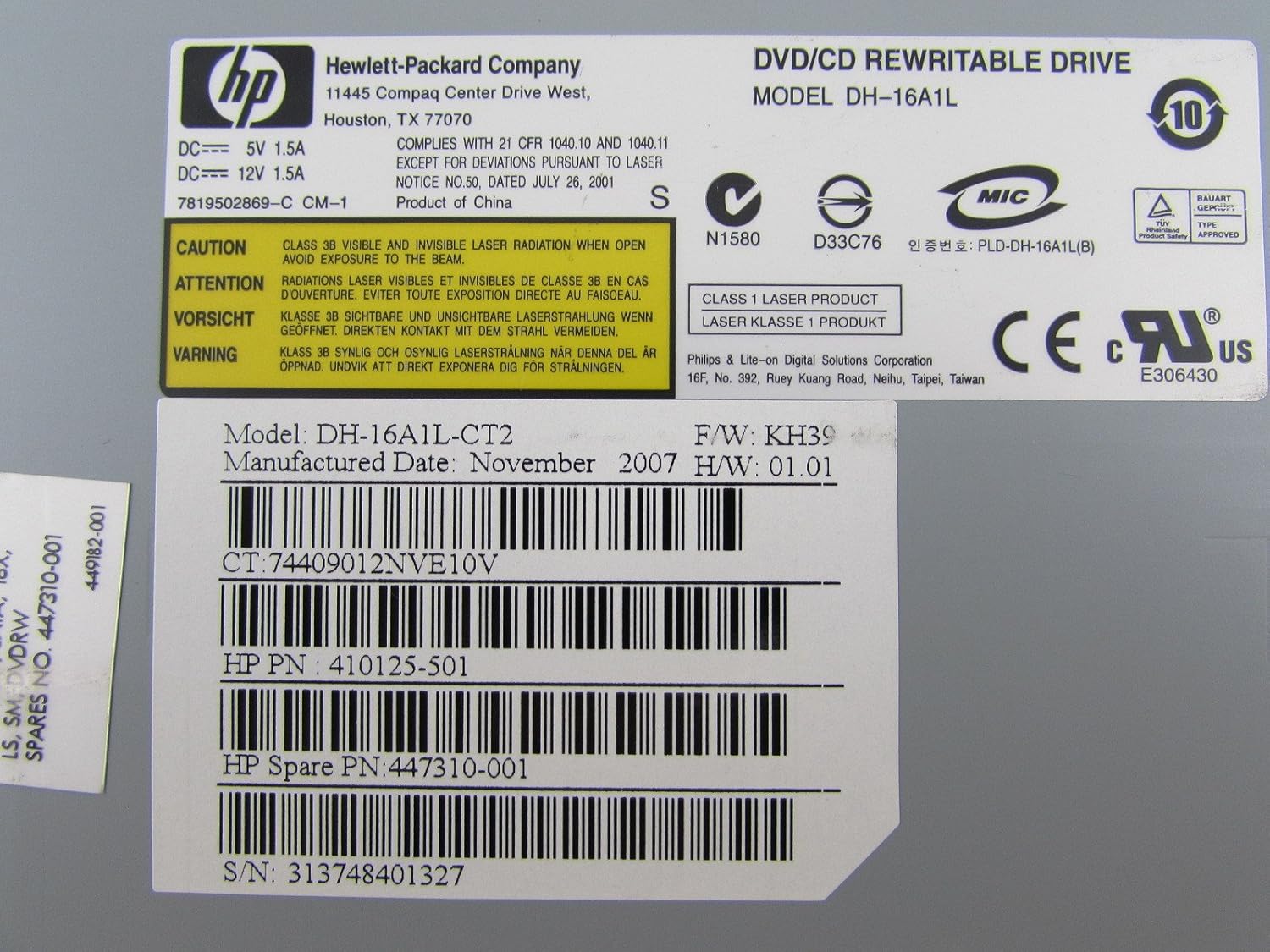 HP DH-16A1L-CT2 16x DVD/CD-RW SATA LightScribe Optical Drive ( 410125-501 447310-001 ) USED