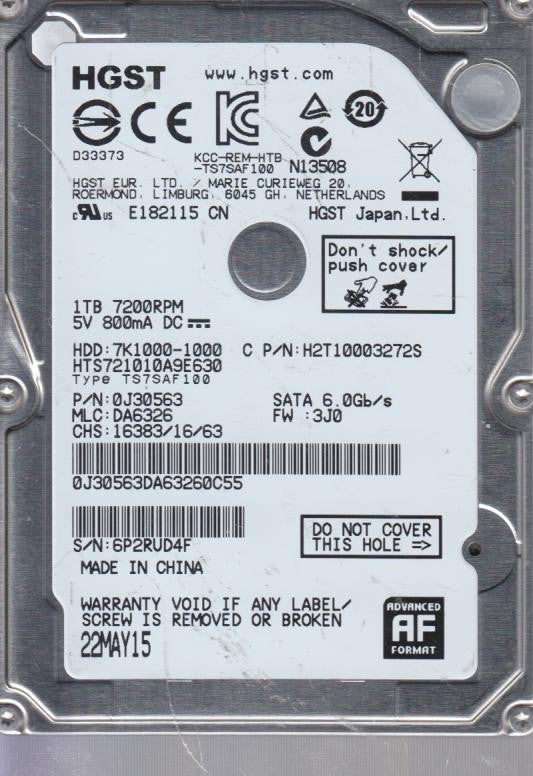HGST 1TB 7200rpm SATA 2.5in HDD ( HTS721010A9E630 0J30563 H2T1003272S 7K1000-1000 ) USED