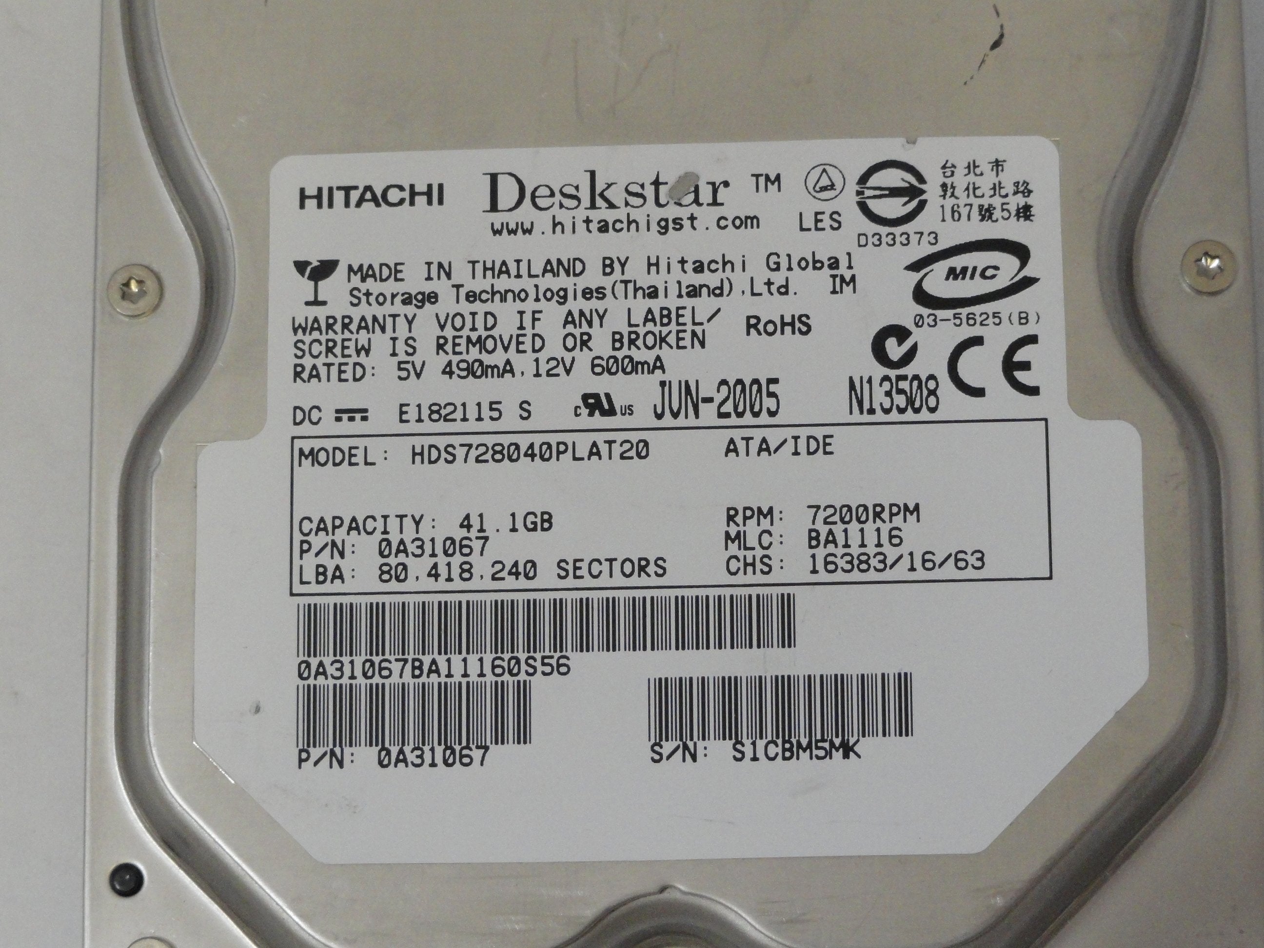 PR11899_0A31067_Hitachi 41.1Gb IDE 7200rpm 3.5in HDD - Image2