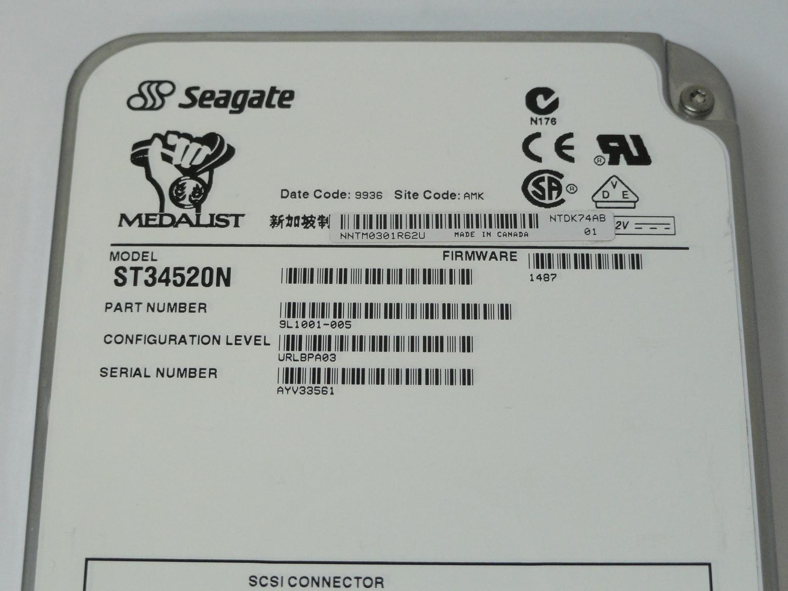 Seagate 4.5GB SCSI 50 Pin 7200rpm 3.5in HDD ( 9L1001-005 ST34520N ) REF