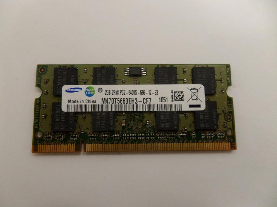 M470T5663EH3-CF7 - Samsung 2GB PC2-6400 DDR2-800MHz non-ECC Unbuffered CL6 200-Pin SoDimm Memory Module - Refurbished