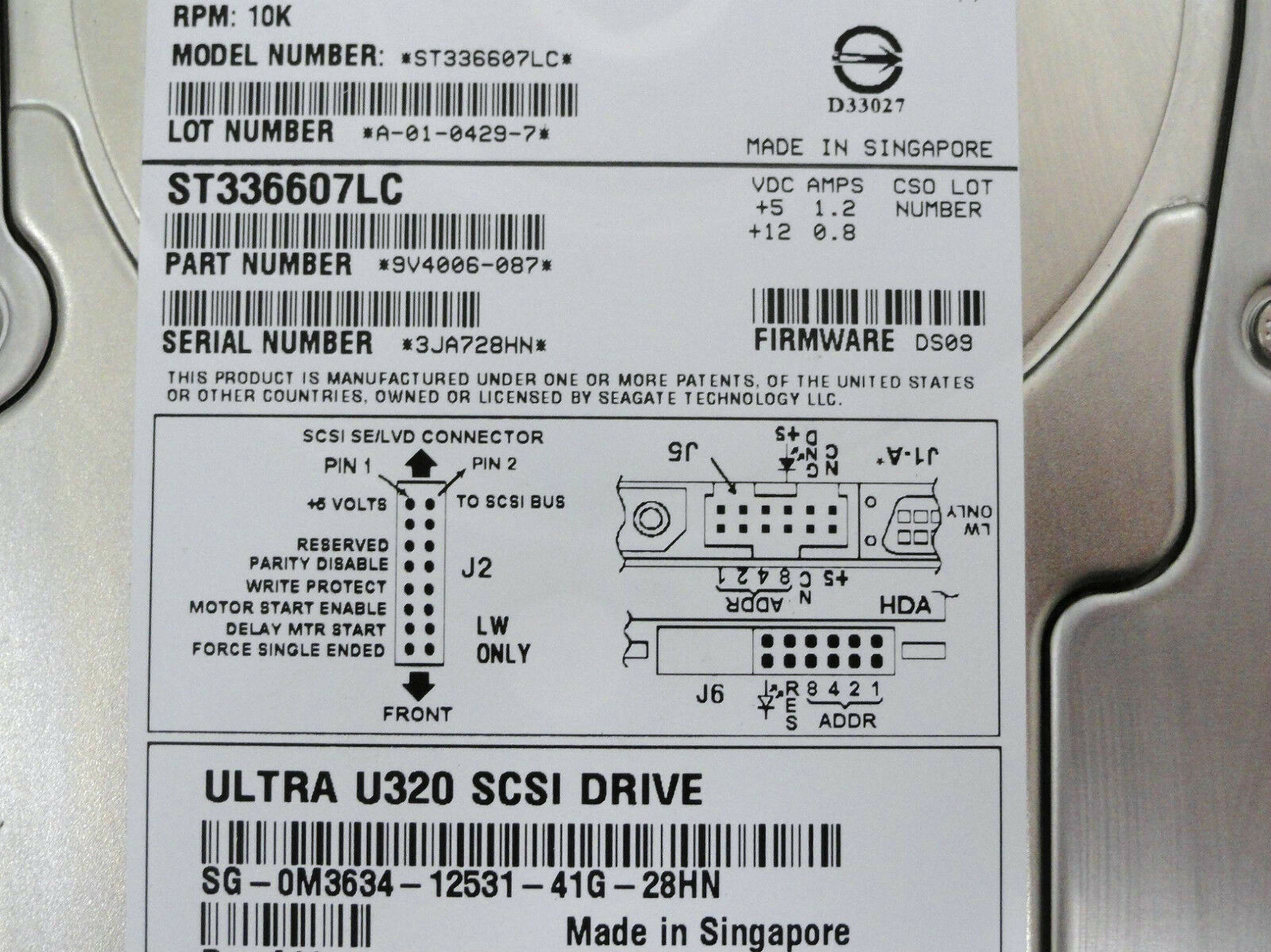 Seagate Dell 36GB SCSI 80 Pin 10Krpm 3.5in HDD ( 9V4006-087 ST336607LC 0M3634 ) USED