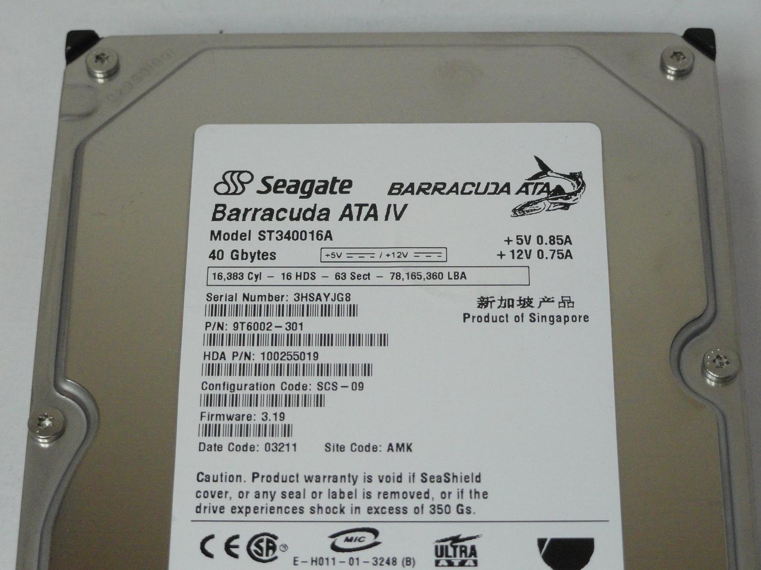 Seagate 40GB IDE 7200rpm 3.5in HDD ( 9T6002-301 ST340016A ) USED