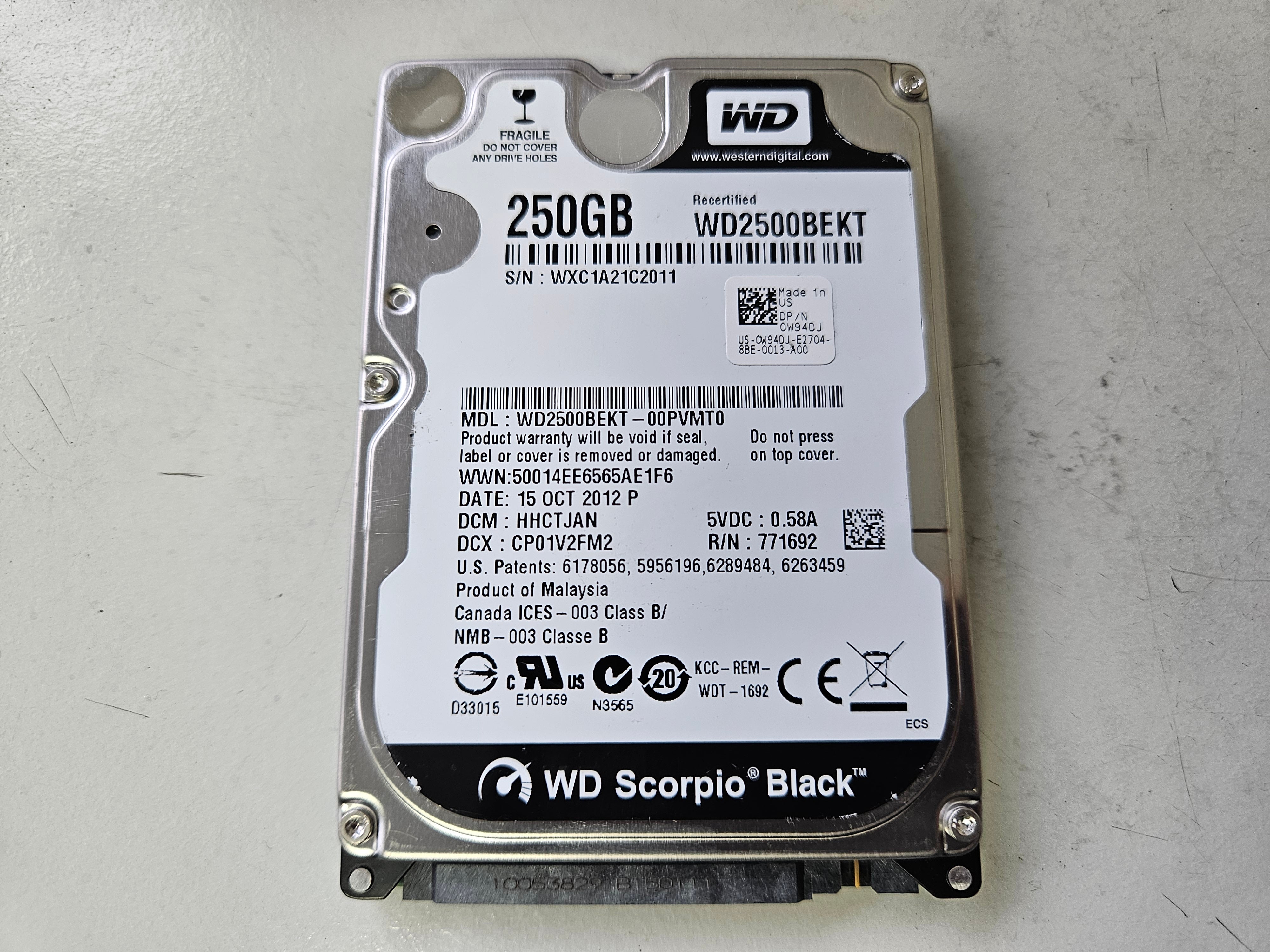 WD Dell 250GB 7200RPM SATA 2.5" RECERTIFIED HDD ( WD2500BEKT-00PVMT0 0W94DJ ) REF