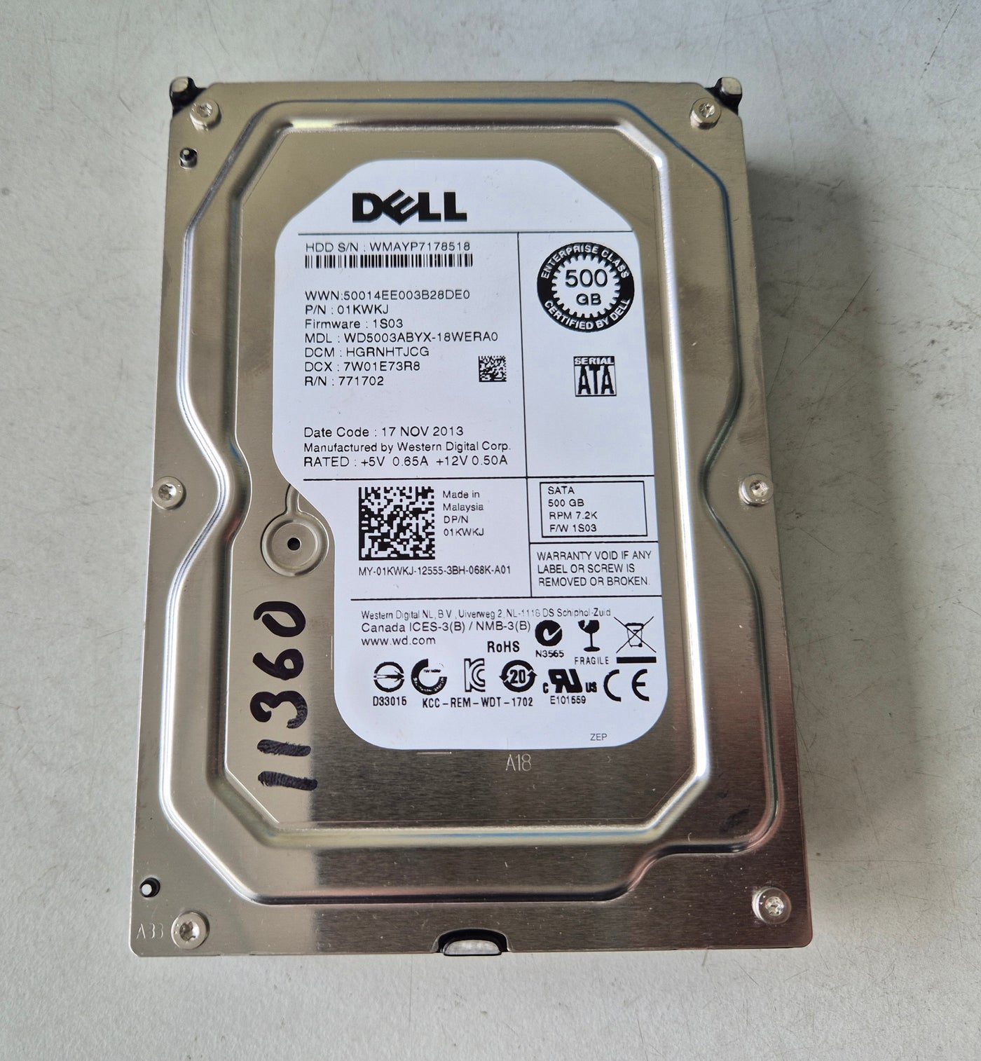 Dell Western Digital 500GB 7200RPM SATA 3.5" Hard Drive ( WD5003ABYX-18WERA0 01KWKJ ) REF