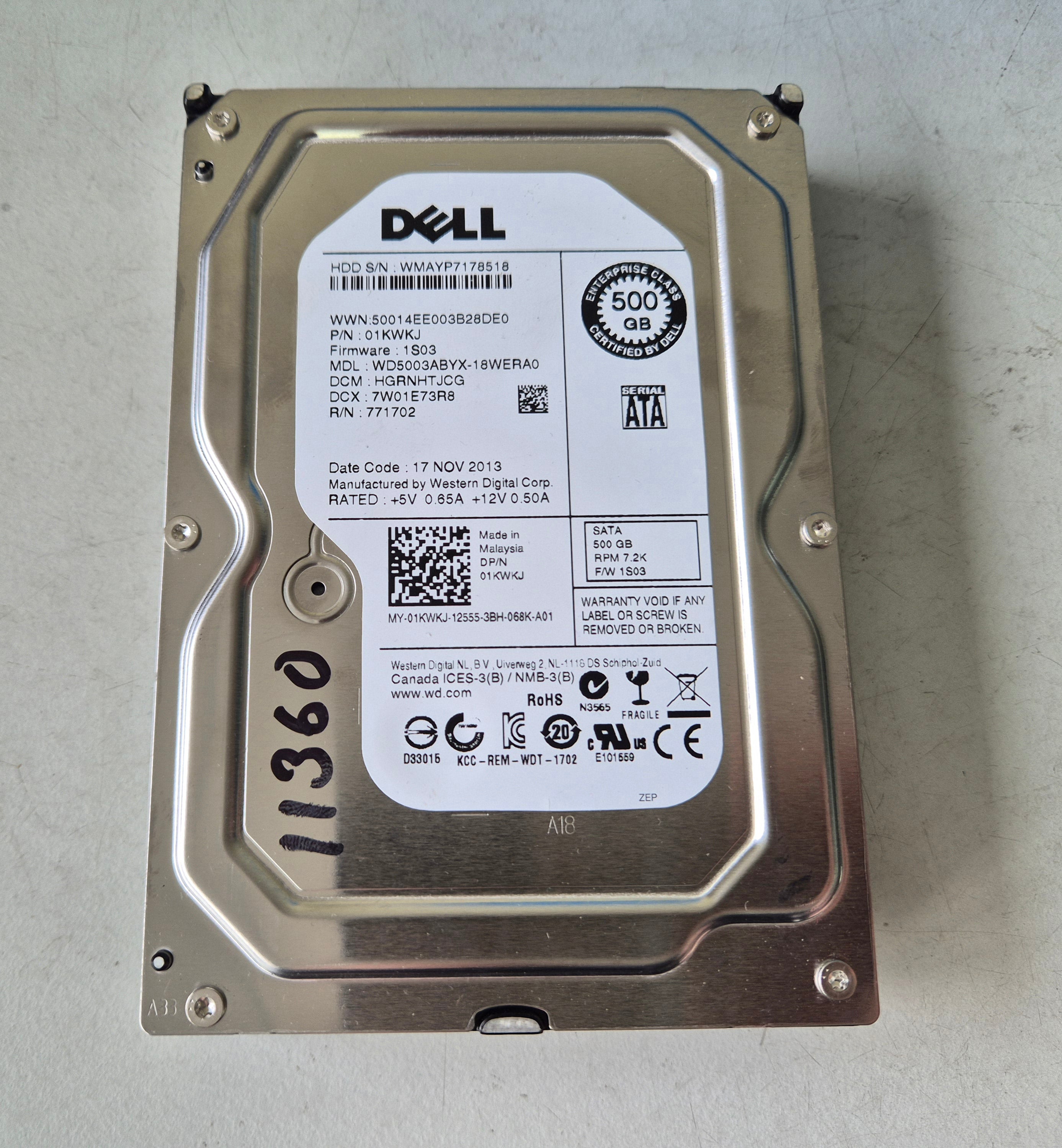 Dell Western Digital 500GB 7200RPM SATA 3.5" Hard Drive ( WD5003ABYX-18WERA0 01KWKJ ) REF
