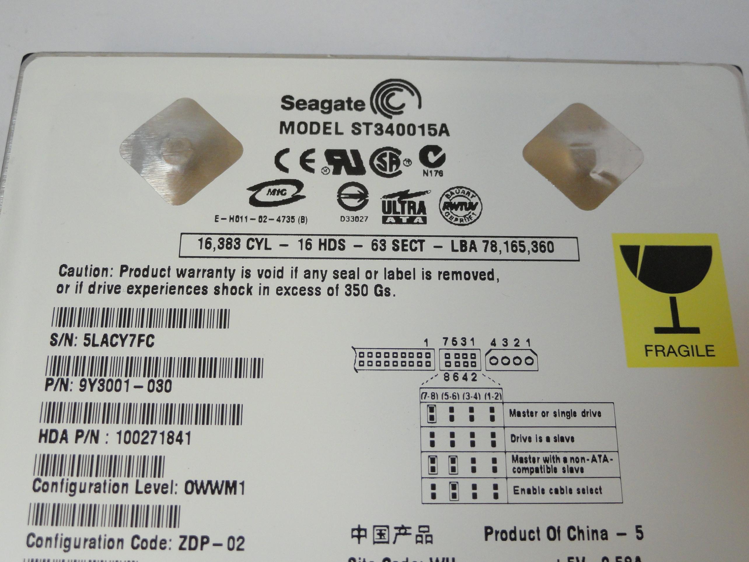 Seagate HP 40GB IDE 5400rpm 3.5in HDD ( 9Y3001-030 ST340015A 320139-001 5187-2128 234026-003 236921-001 ) USED