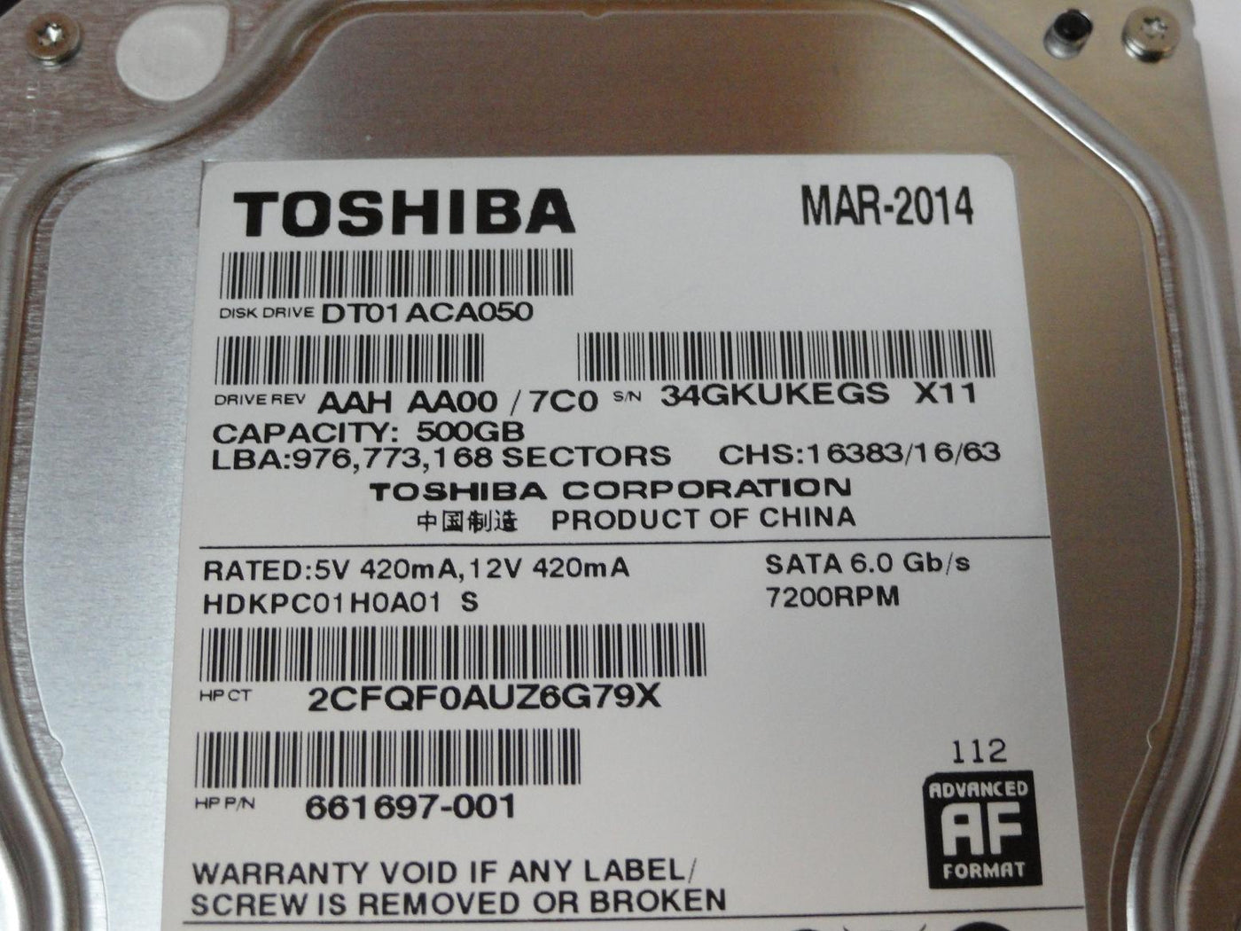 Toshiba HP 500GB SATA 7200rpm 3.5in HDD ( DT01ACA050 751283-001 661697-001 ) REF