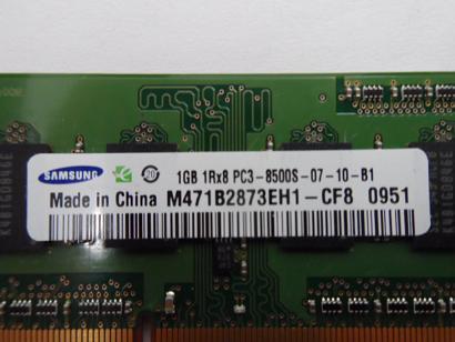 Samsung 1GB PC3-8500 DDR3-1066MHz non-ECC Unbuffered CL7 204-Pin SoDimm ( M471B2873EH1-CF8 ) REF