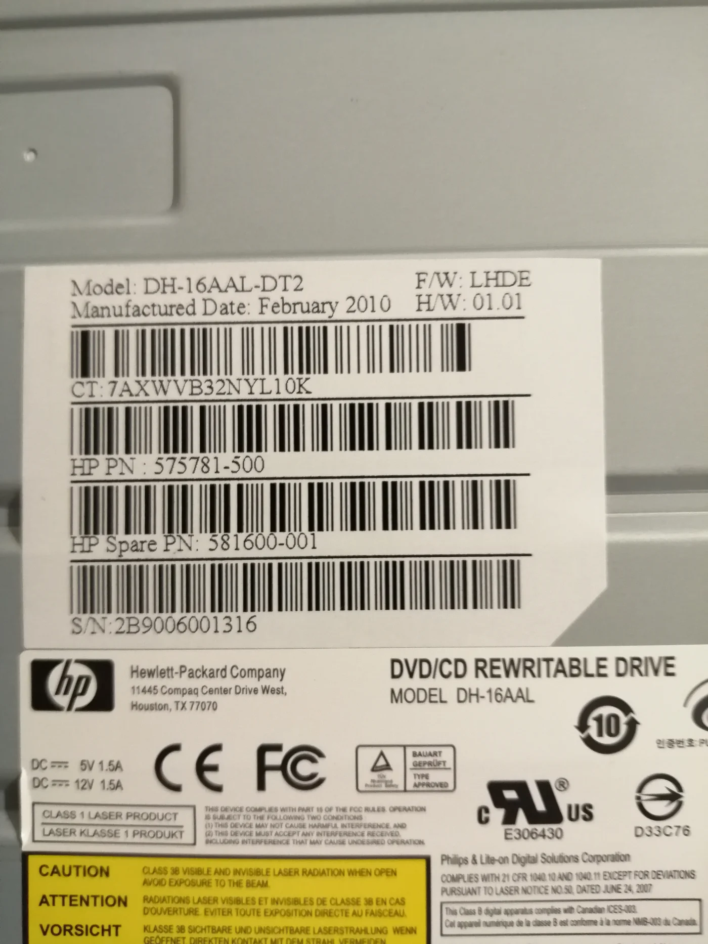 HP DVD/CD Super Multi-Recorder RW DL Optical Drive ( 575781-500 DH-16AAL-DT2 581600-001 ) USED