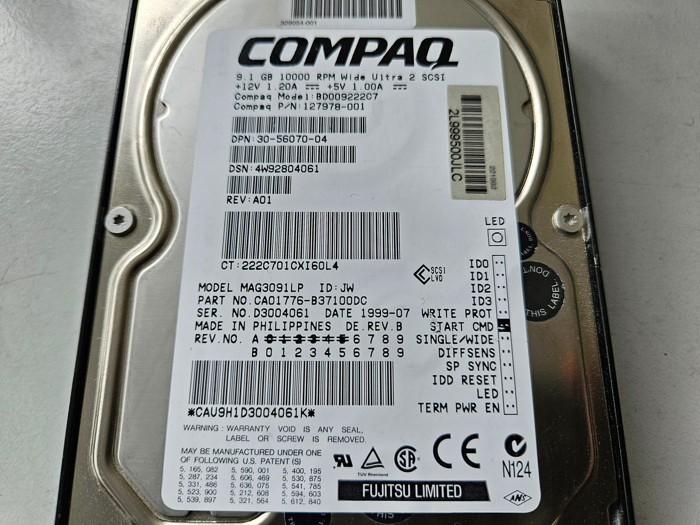 Compaq 9.1GB 80pin SCSI 3.5in HDD Grade B Label ( CA01776-B37100DC MAG3091LP BD009222C7 127978-001 386539-001 56070 30-56070-04 ) USED