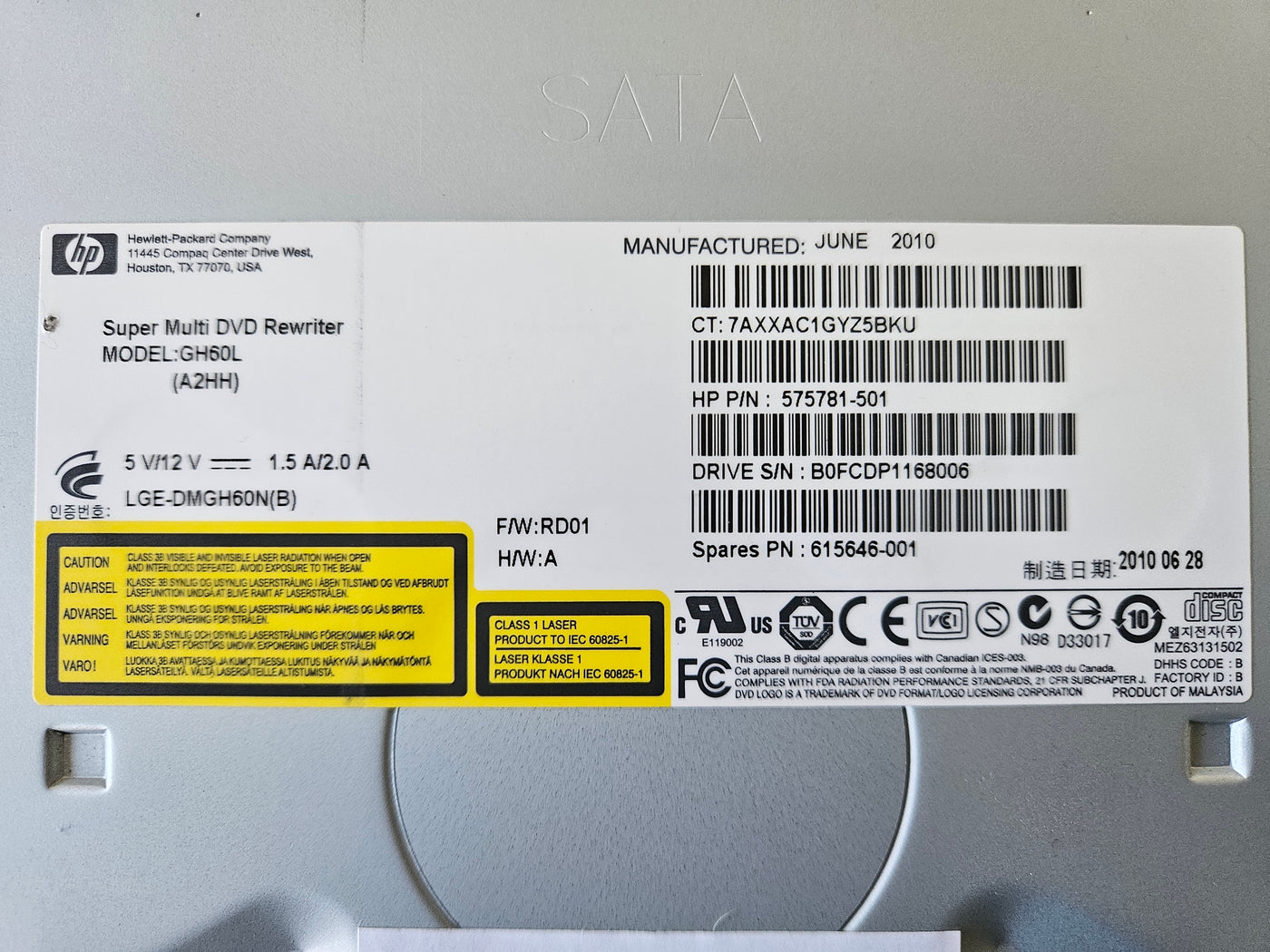 HP GH60L (A2HH) DVD-RW SuperMulti SATA Optical Drive Black Bezel ( 575781-501 615646-001 ) USED
