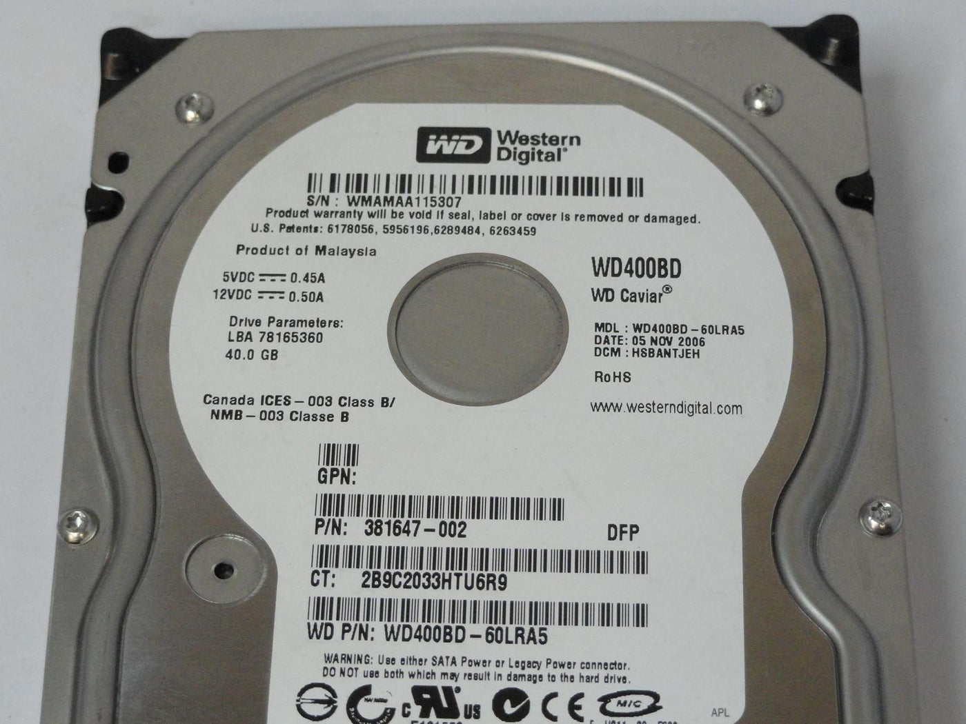 Western Digital HP 40GB SATA 7200rpm 3.5in HDD ( WD400BD-60LRA5 365555-001 381647-002 ) REF